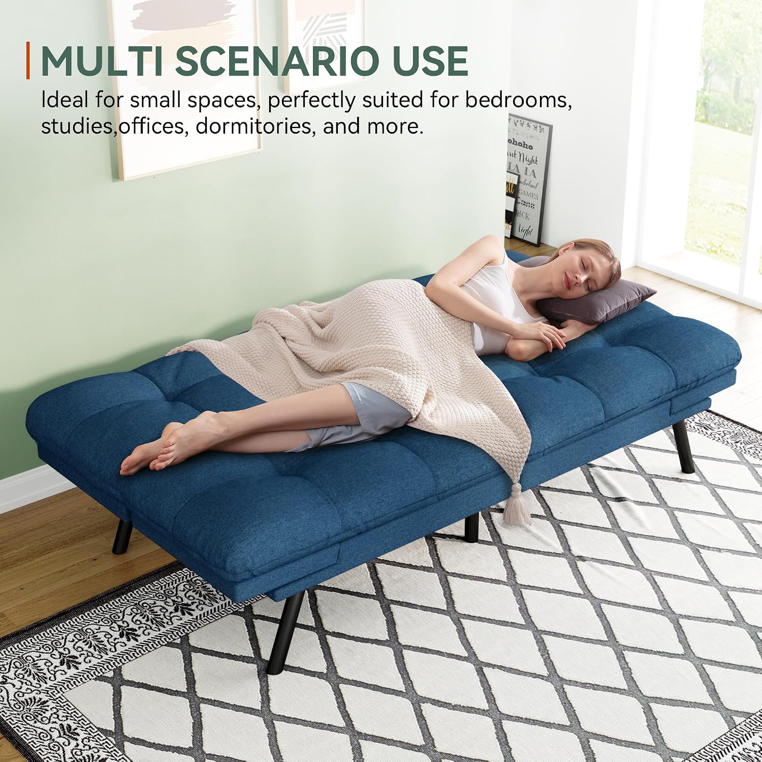 Opoiar Convertible Futon Sofa Bed,71' Memory Foam Futon Couch,Detachable Cushion,Adjustable Backrest & Armrest,Linen Modern Loveseat Sleeper Recliner for Living Room,Office,Apartment,Retro Blue