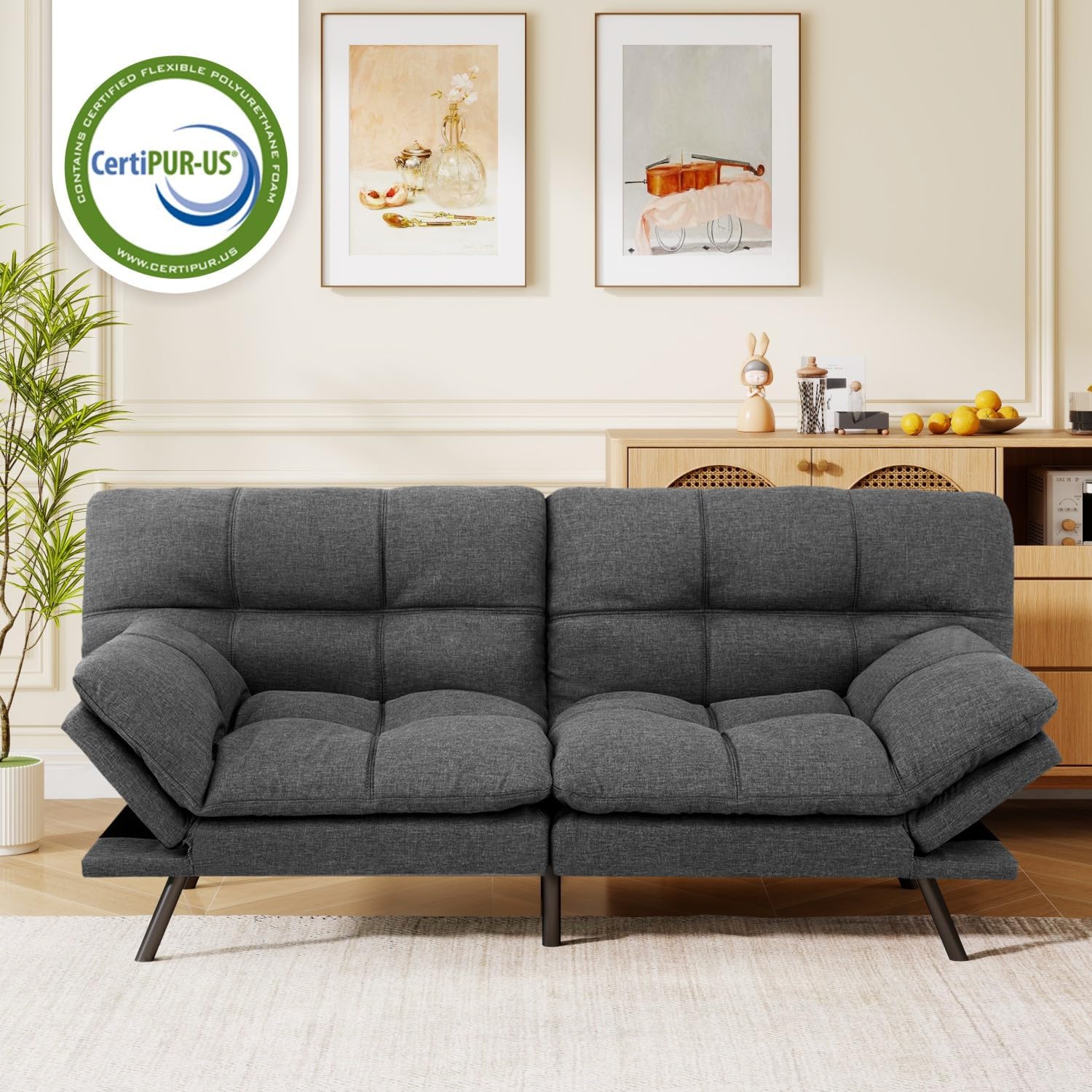 MUUEGM Futon Sofa Bed, 71' Convertible Memory Foam Sofa Couch with Adjustable Backrest & Armrests, Modern Upholstered Sleeper Couch for Small Spaces, Living Room & Apartment, Linen Fabric, Dark Gray