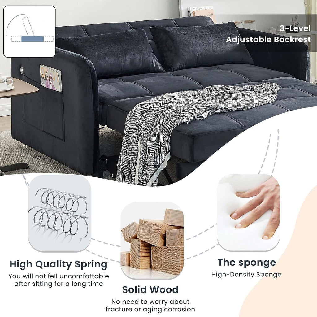 Loveseat Sleeper with USB Ports Velvet Pull Adjustable Backrest, Sofa Bed with Toss Pillows, Futon Couches for Living Room Apartment Office, Black