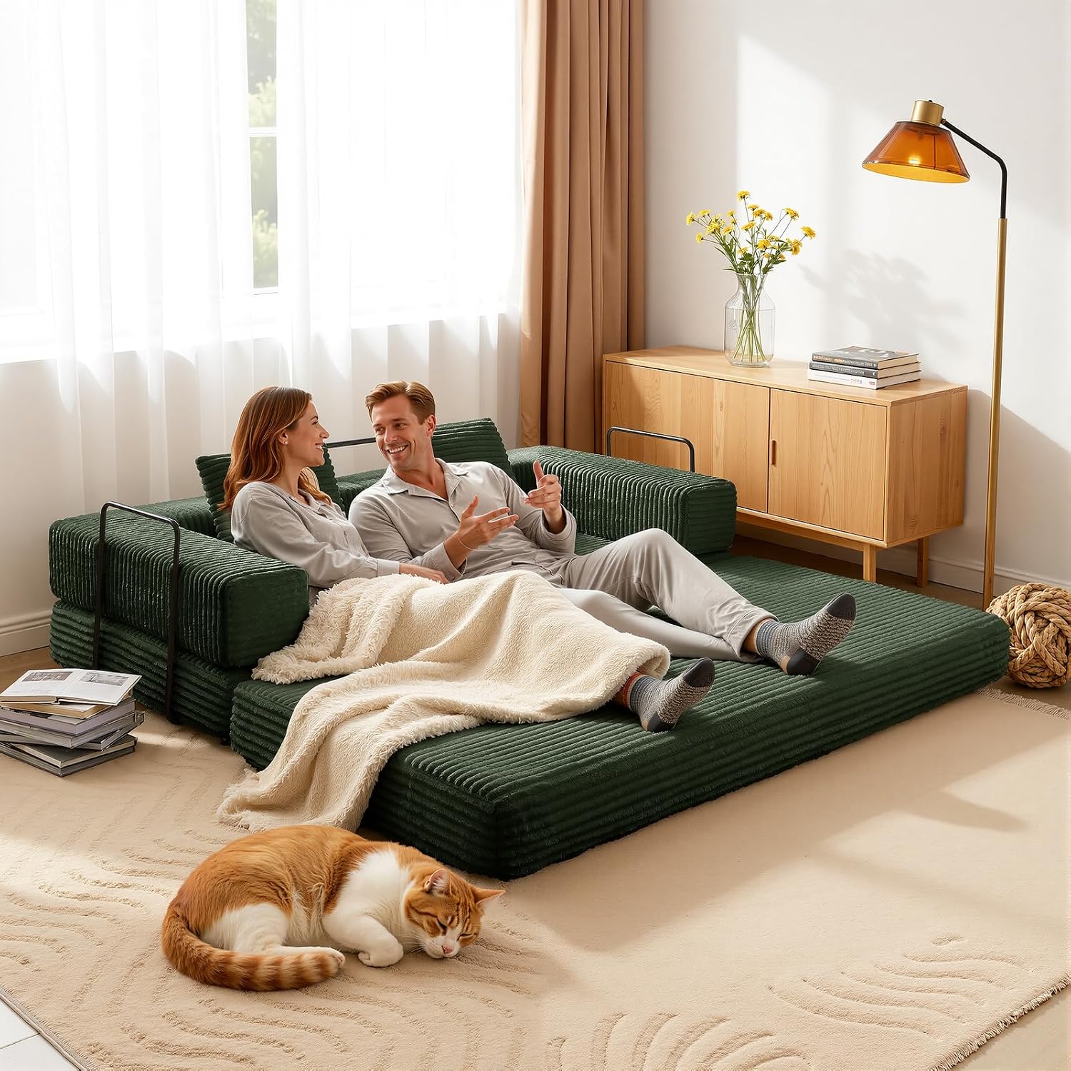 81'' Futon Sofa Bed, Folding Floor Couch Bed, Corduroy Fabric Boneless Couch, Compressed Boneless Sofa in a Box, Comfy Sleeper for Living Room-Green