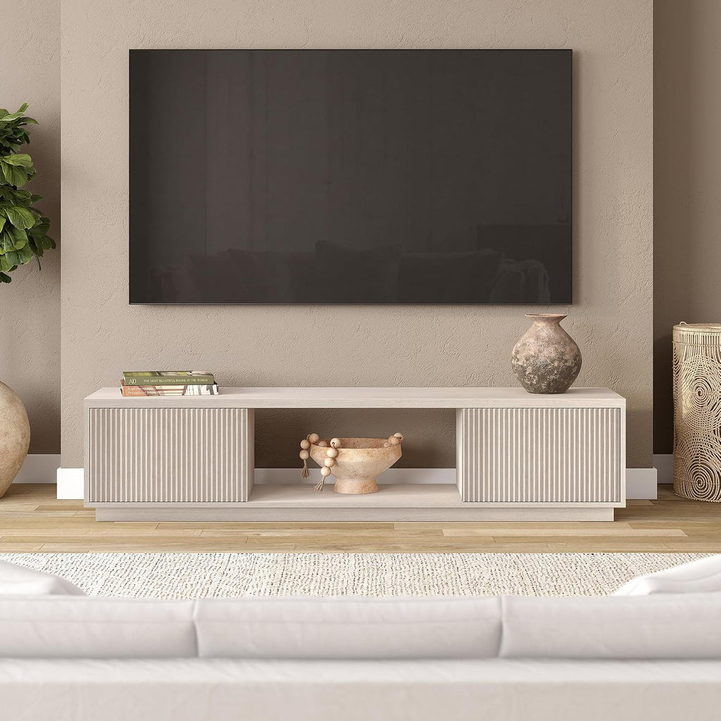 Henn&Hart Fluted TV Stand for TVs up to 78' with 2 Ribbed Side Storage Cabinets and Open Center Storage for Living Room, Family Room, or Office, Beech White