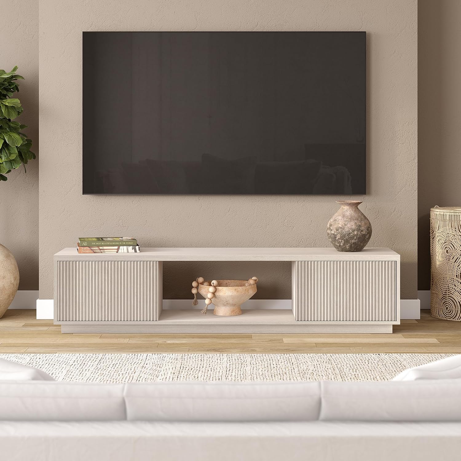 Henn&Hart Fluted TV Stand for TVs up to 78' with 2 Ribbed Side Storage Cabinets and Open Center Storage for Living Room, Family Room, or Office, Beech White