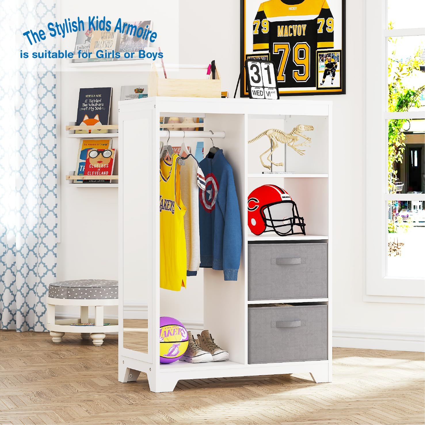 UTEX Kids Dress Up Storage with Full Length Mirror, Kids Armoire with 2 Storage Bins, Opening Hanging Costume Closet Wardrobe, Pretend Storage Closet Armoire Dresser