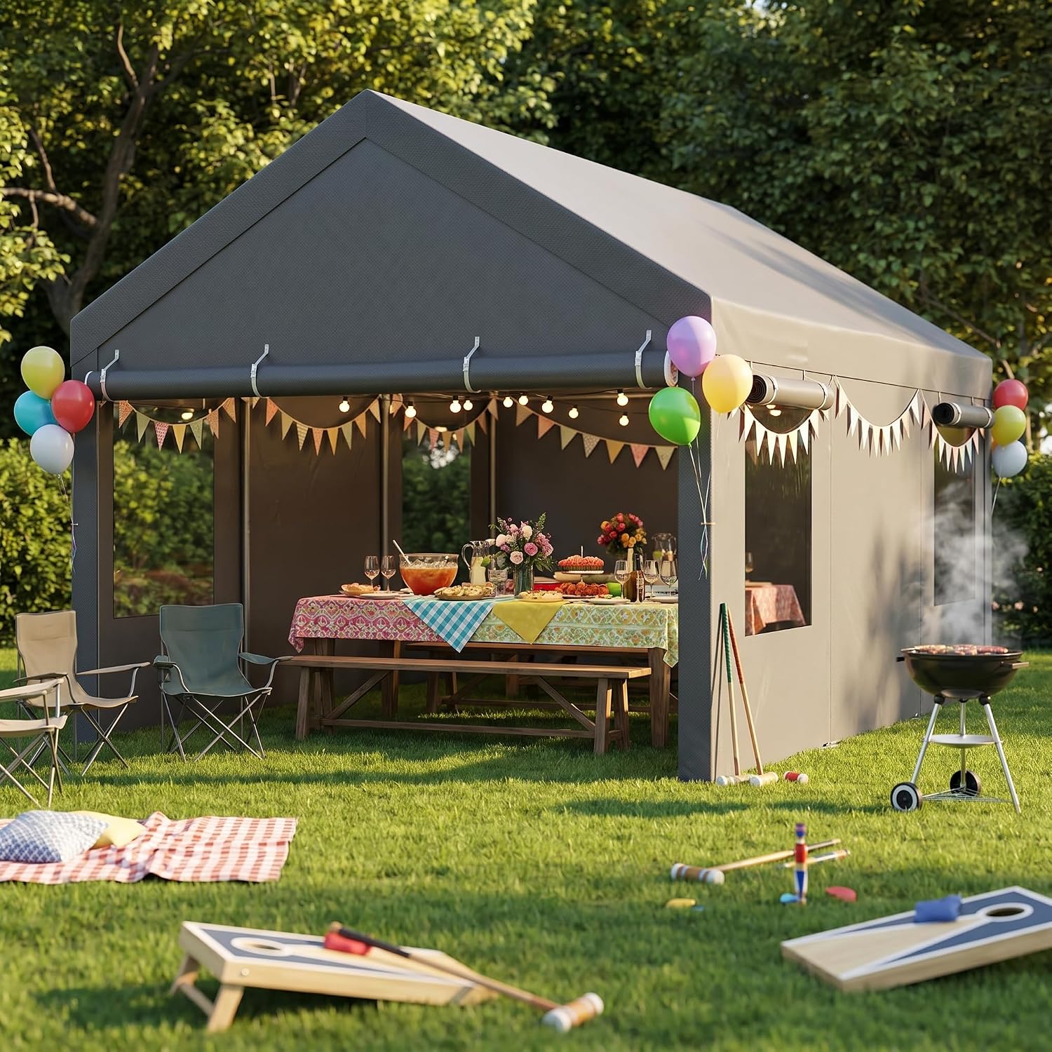 12x20 FT Heavy Duty Carport Canopy, All-Weather Vehicle Shelter with Roll-up Ventilation Windows & Removable Sidewalls, Portable Garage for SUV, Truck, Boat, Gray