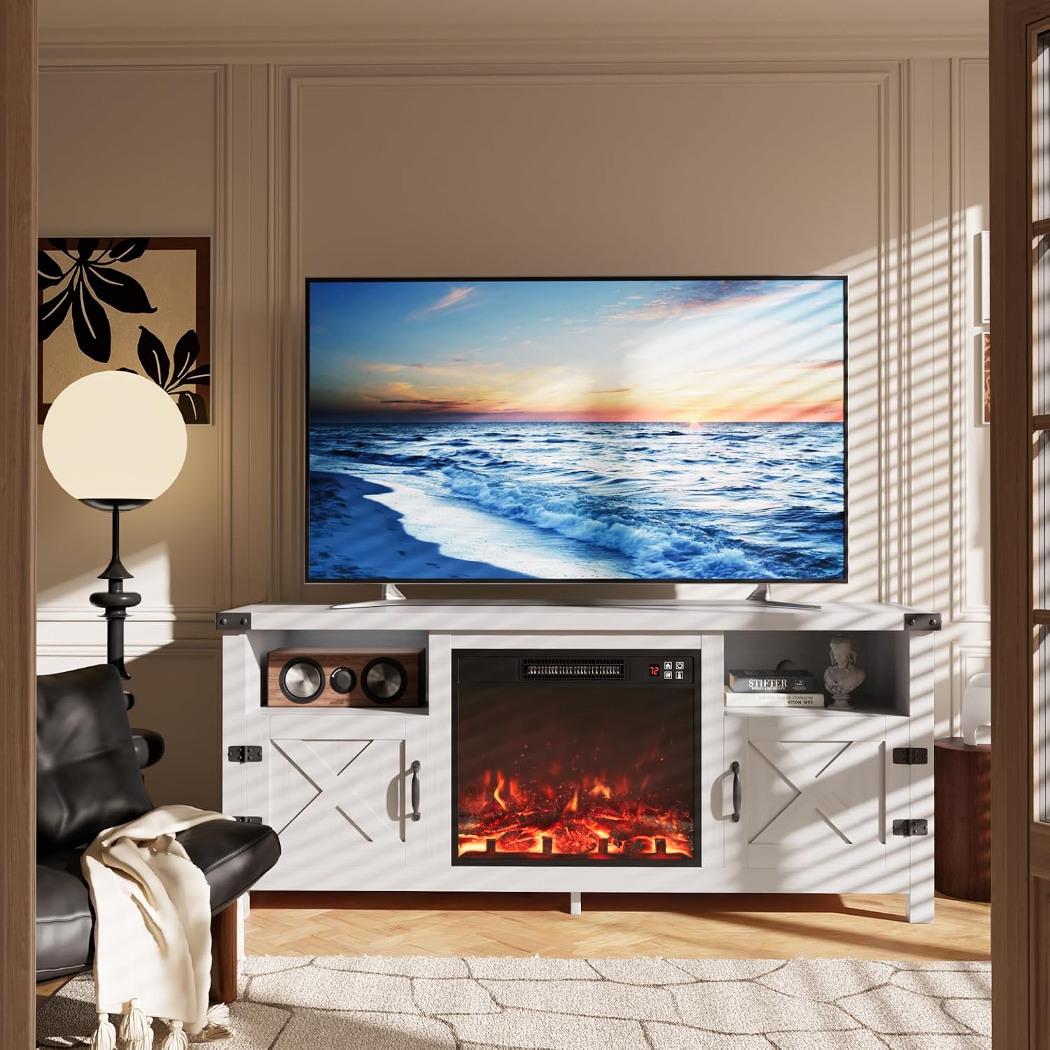 Furmax Fireplace TV Stand for 65 Inch TV, Fireplace Entertainment Center with Storage Cabinets and 2 Open Shelves, Modern Media TV Console Table for Living Room (White)