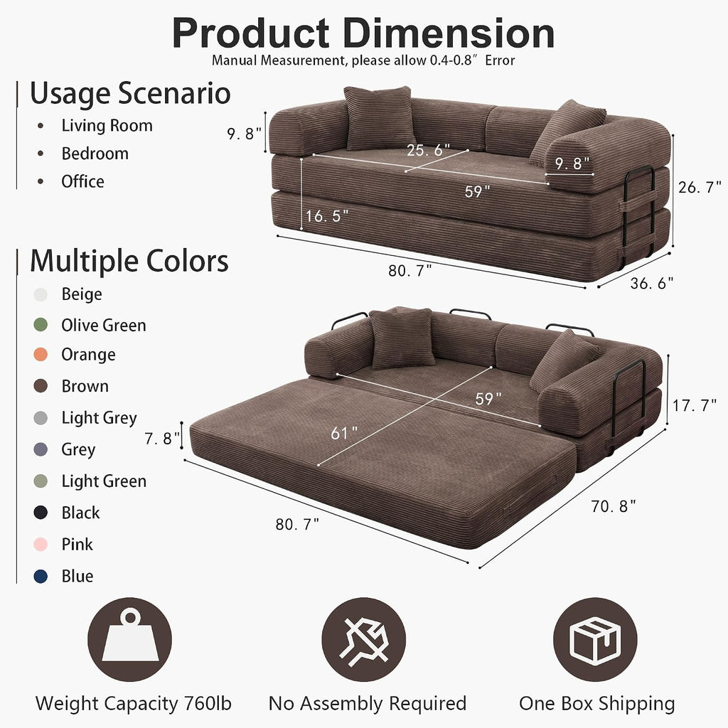 JJJ 78 inch Sofa Bed 4-in-1 Boneless Convertible Corduroy Sleeper Folding Couch with Fixed-Shape Frame and 2 Futons No Assemble Required 3 Seater Upholstered for Living Room (Brown, 78 inch)
