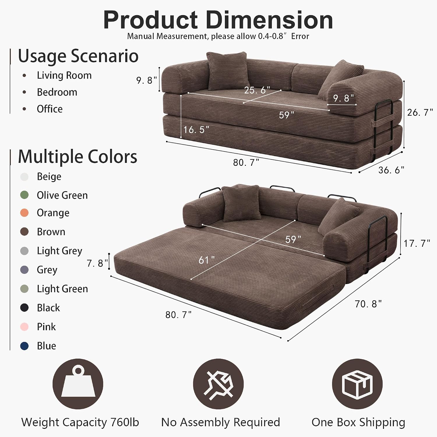 JJJ 78 inch Sofa Bed 4-in-1 Boneless Convertible Corduroy Sleeper Folding Couch with Fixed-Shape Frame and 2 Futons No Assemble Required 3 Seater Upholstered for Living Room (Brown, 78 inch)