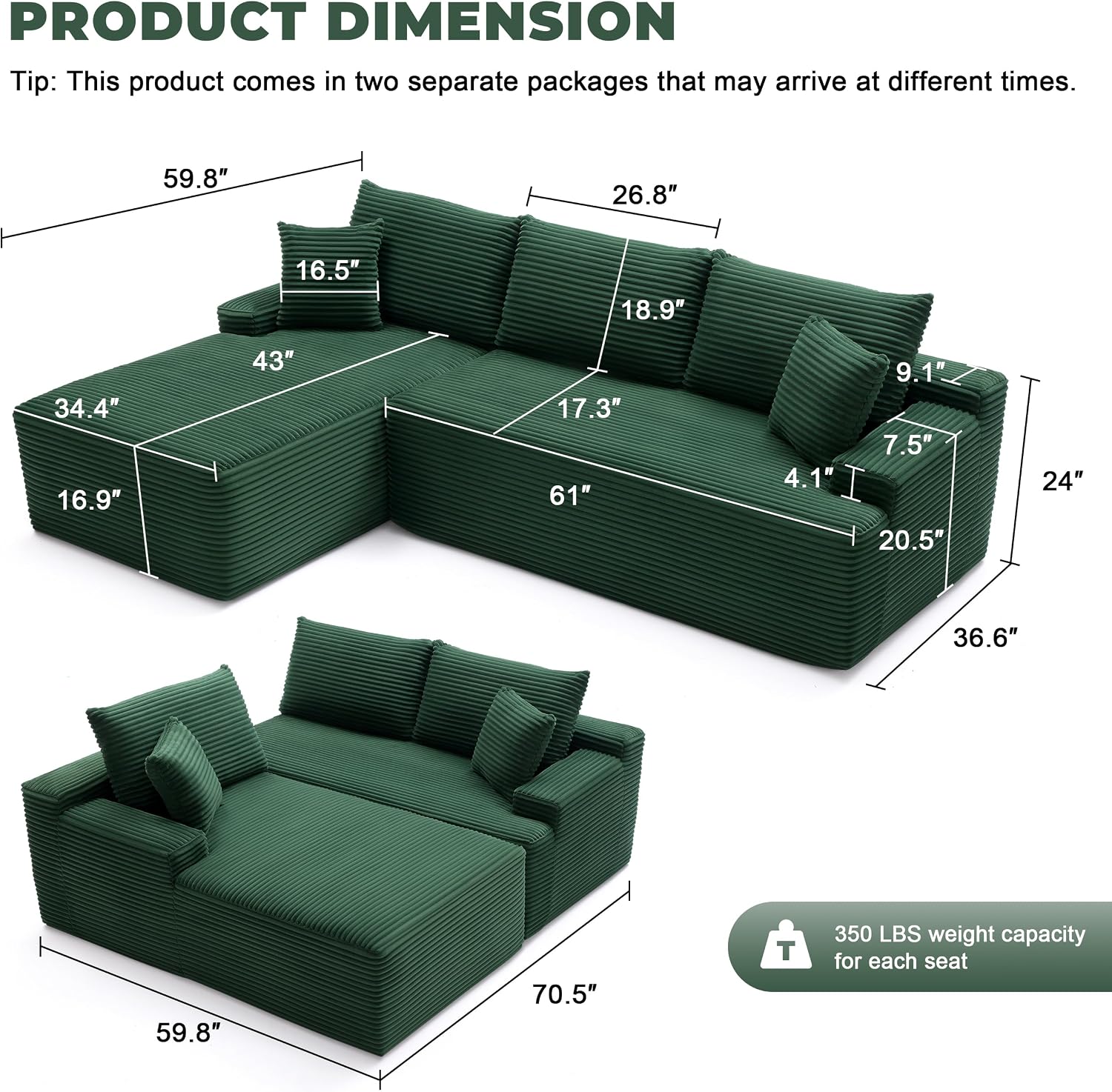 Mangodan Cloud Sectional Couch, Modular Sectional Sofa for Living Room, Fluffy Comfy Couch with L-Shaped Chaise, Boneless Sofa with Deep Seat, No Assembly Required, Green