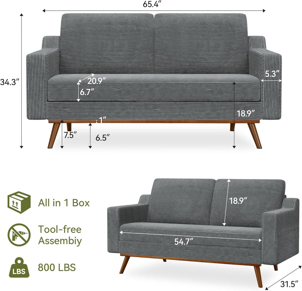 65.4' Loveseat Sofa,Comfy Grey Corduroy Love Seat Couches for Living Room,Mid Century Modern Small Couch for Bedroom Office with Spring Cushion,Solid Wood Frame,Tool-Free Assembly