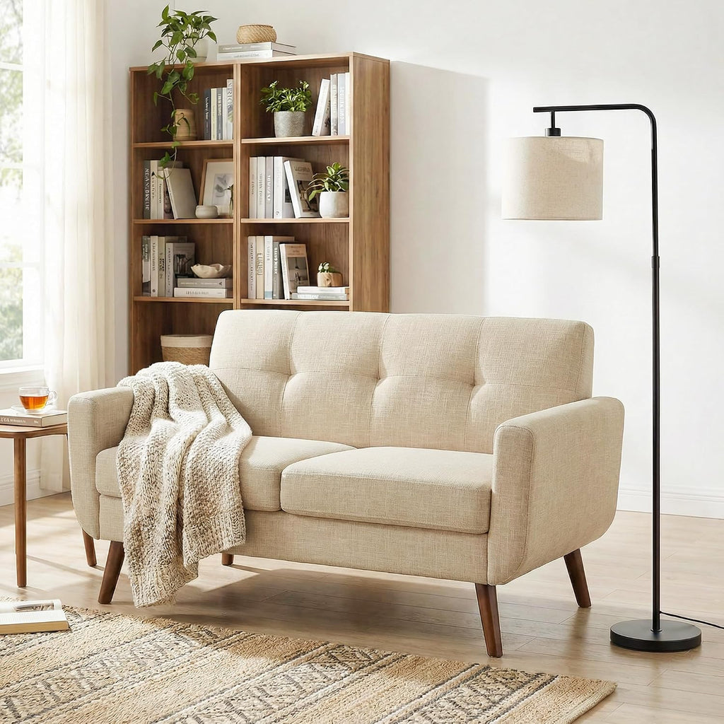 Tbfit 56' W Loveseat Sofa, Mid Century Modern Decor Love Seat Couches for Living Room, Button Tufted Upholstered Small Couch for Bedroom, Solid and Easy to Install Love Seats Furniture, Beige