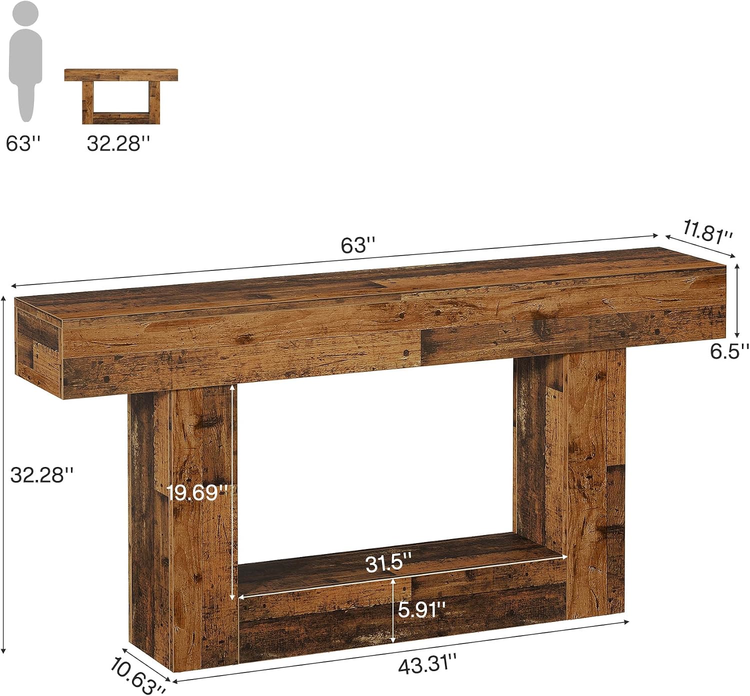 Tribesigns 63' Console Table, Farmhouse 2-Tier Entryway Table with U-Shaped Base, Narrow Long Wood Sofa Table Behind Couch Table for Living Room, Hallway, Foyer, Mix Brown