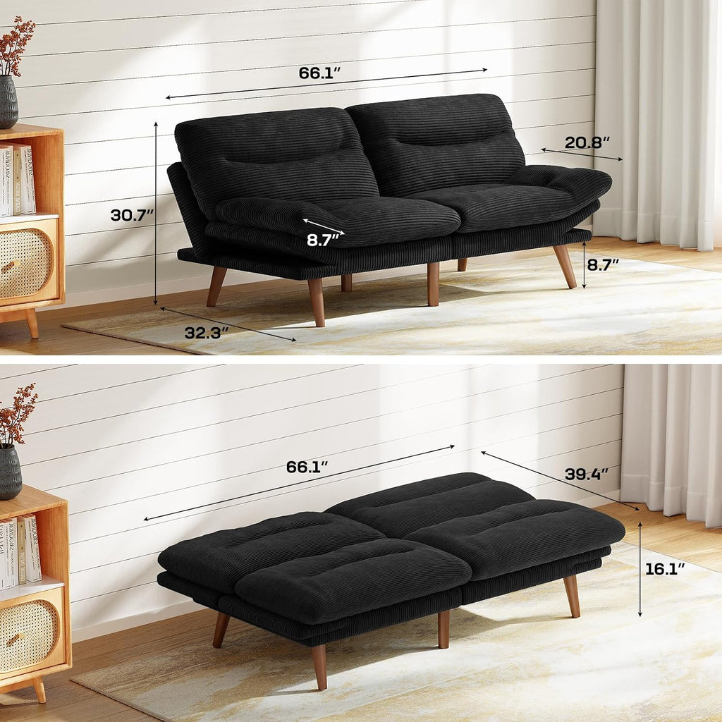Marsail 66' Futon Sofa Bed, Convertible Corduroy Futon Couch with Adjustable Backrest & Armrests, Small Sleeper Sofa Loveseat for Living Room, Apartment, Black