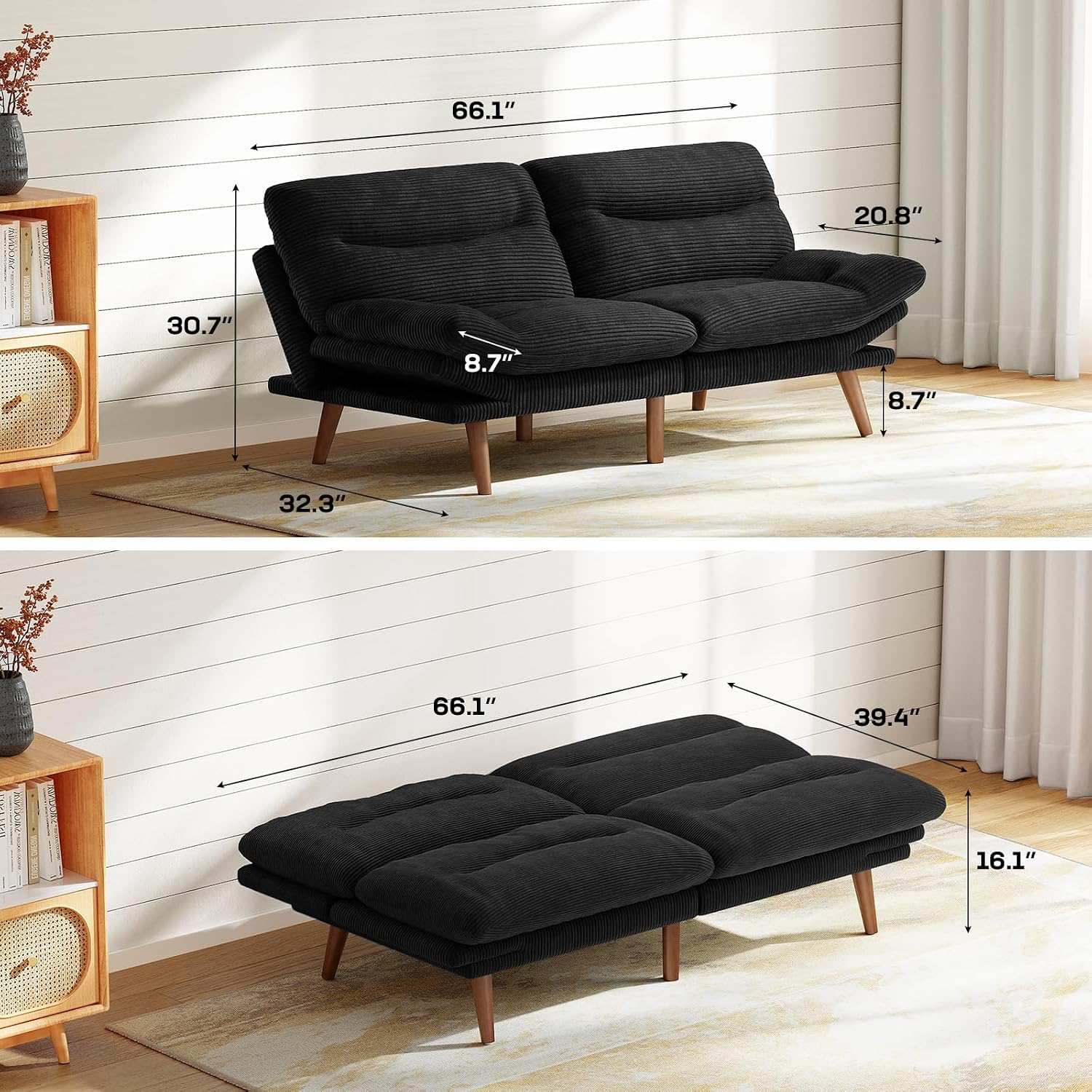 Marsail 66' Futon Sofa Bed, Convertible Corduroy Futon Couch with Adjustable Backrest & Armrests, Small Sleeper Sofa Loveseat for Living Room, Apartment, Black