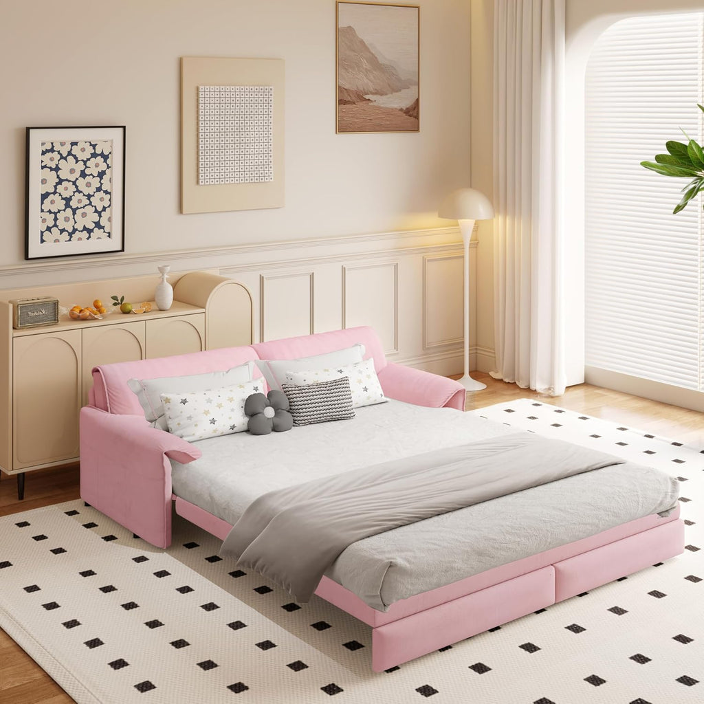3 in 1 Convertible Queen Sleeper Sofa Bed Comfy Pull Out Futon Couch Bed 66' Modern Velvet Recliner Loveseat Sofa Multi-Functional Pink Cloud Couch for Living Room,Apartment,Office (Pink 66')