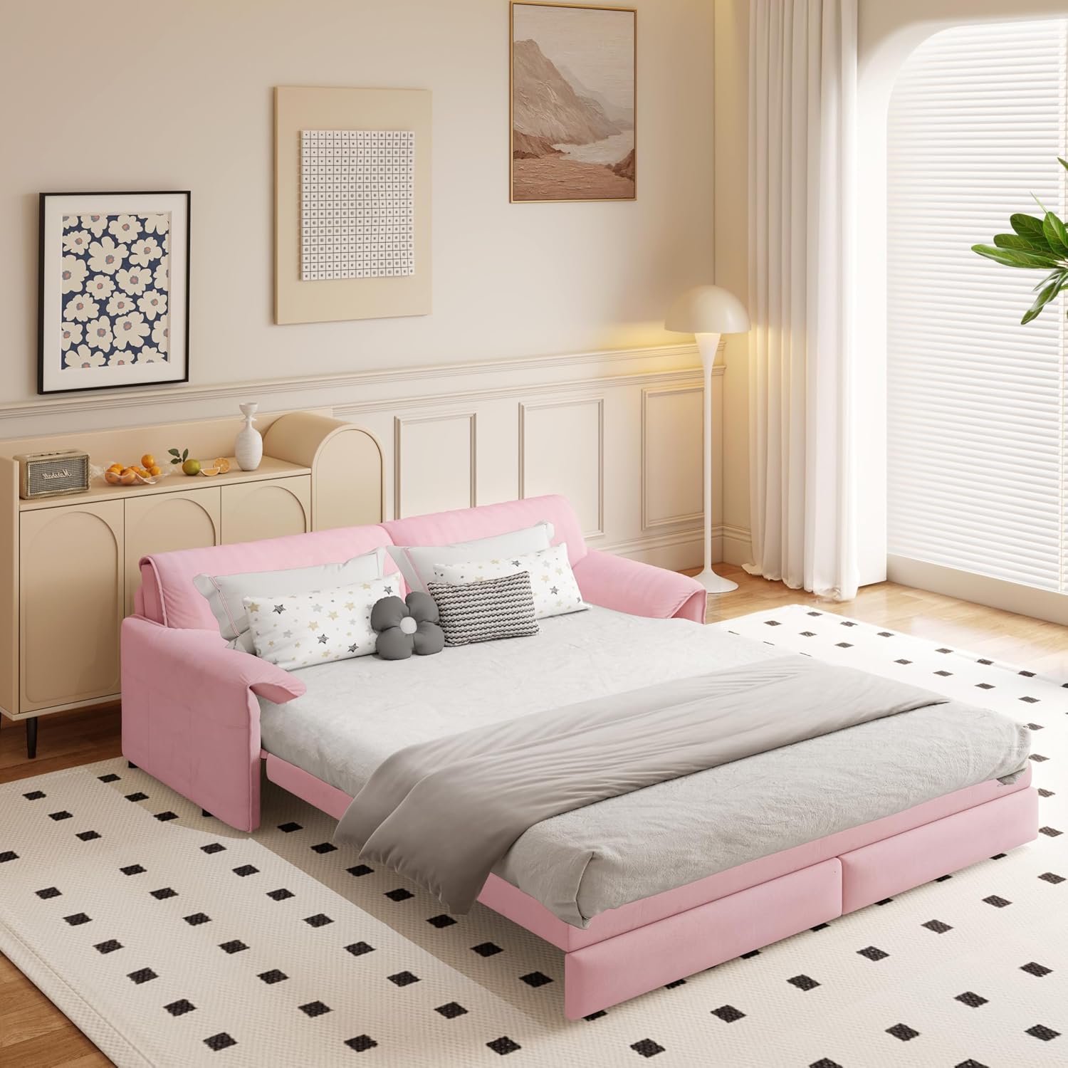 3 in 1 Convertible Queen Sleeper Sofa Bed Comfy Pull Out Futon Couch Bed 66' Modern Velvet Recliner Loveseat Sofa Multi-Functional Pink Cloud Couch for Living Room,Apartment,Office (Pink 66')