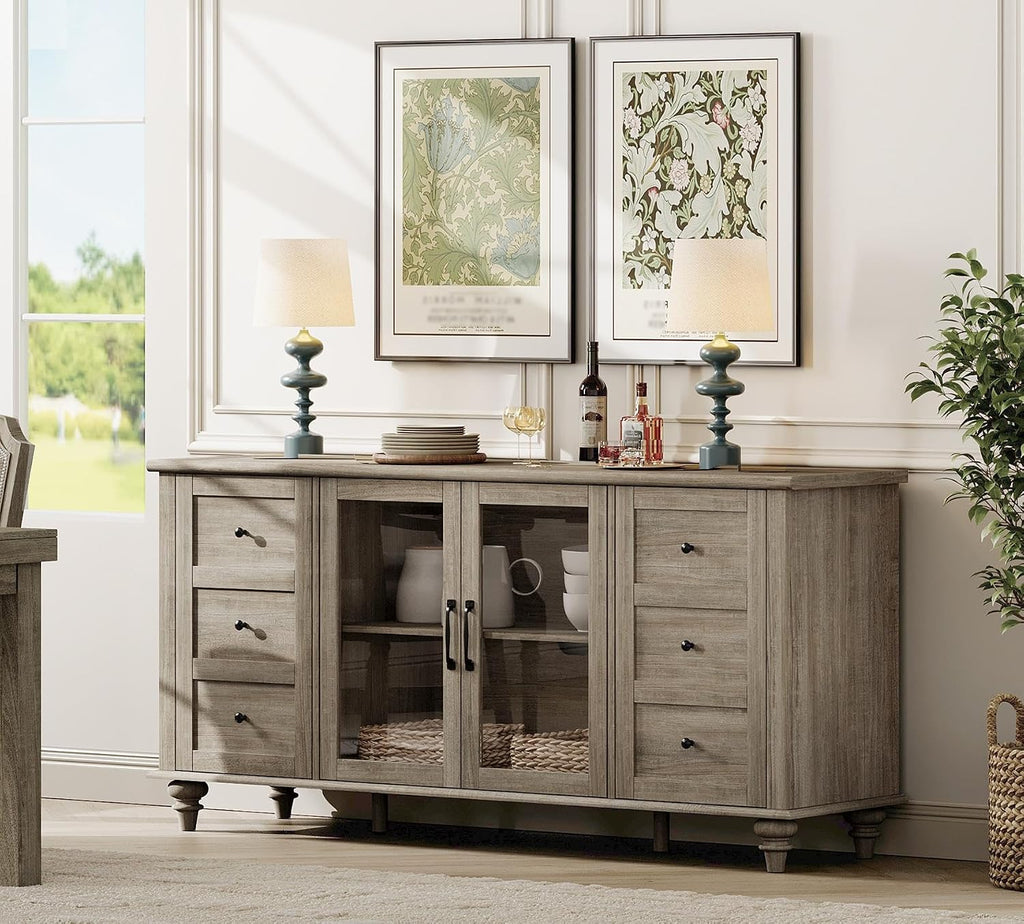 WAMPAT Glass Door Farmhouse TV Stand for TVs up to 65 inch, Wood TV Console Table with Storage Cabinets, Entertainment Center for 32-60 inch TV Console Cabinet, 58 Inch, Grey