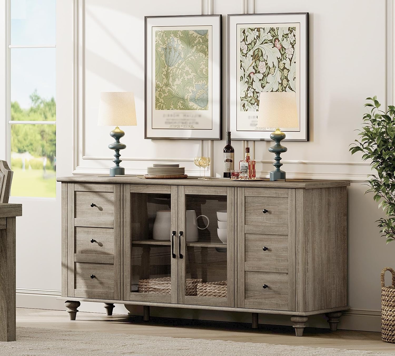 WAMPAT Glass Door Farmhouse TV Stand for TVs up to 65 inch, Wood TV Console Table with Storage Cabinets, Entertainment Center for 32-60 inch TV Console Cabinet, 58 Inch, Grey
