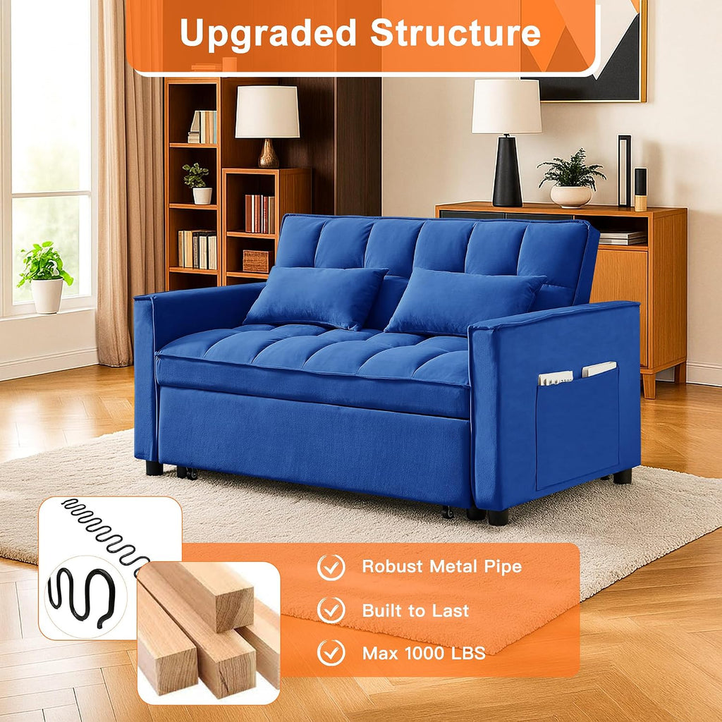 3 in 1 Convertible Sleeper Sofa Bed,Futon Pull Out Couch with Adjustable Backrest,Velvet Fabric Loveseat Sofa with Side Pocket for Bedroom, Living Room