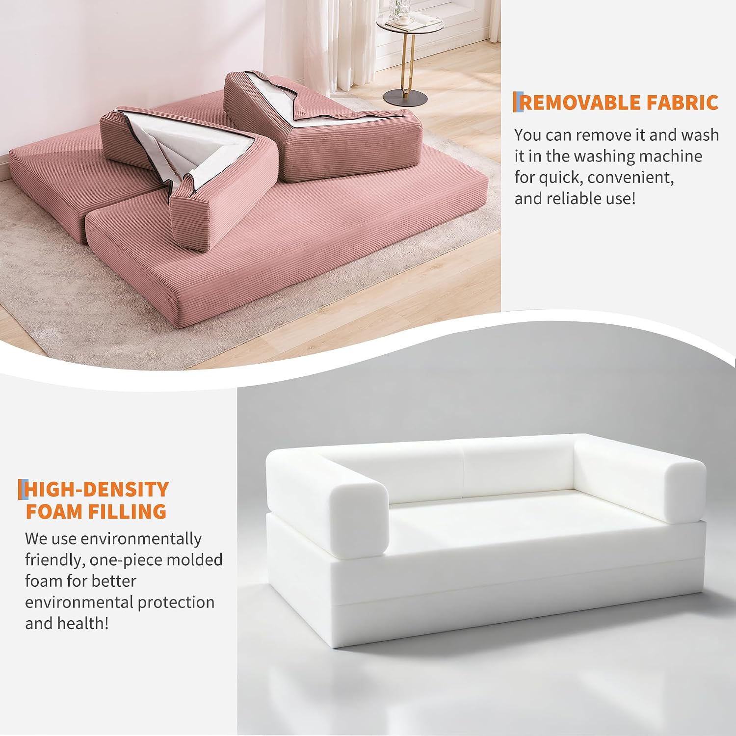 Garvee 5-in-1 Convertible Sofa Bed, 78.8' Modular Corduroy Sleeper with Sturdy Frame & No Assembly, Multi-Functional Futon for Small Space, Living Room & Guest Room (Pink)