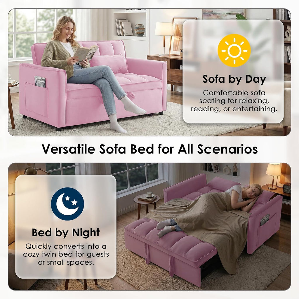 3 in 1 Convertible Sleeper Sofa Bed, 55' Pull Out Couches, Modern Loveseat Sleeper Sofa with Adjustable Reclining Backrest & Side Pockets for Living Room, Velvet Fabric, Pink