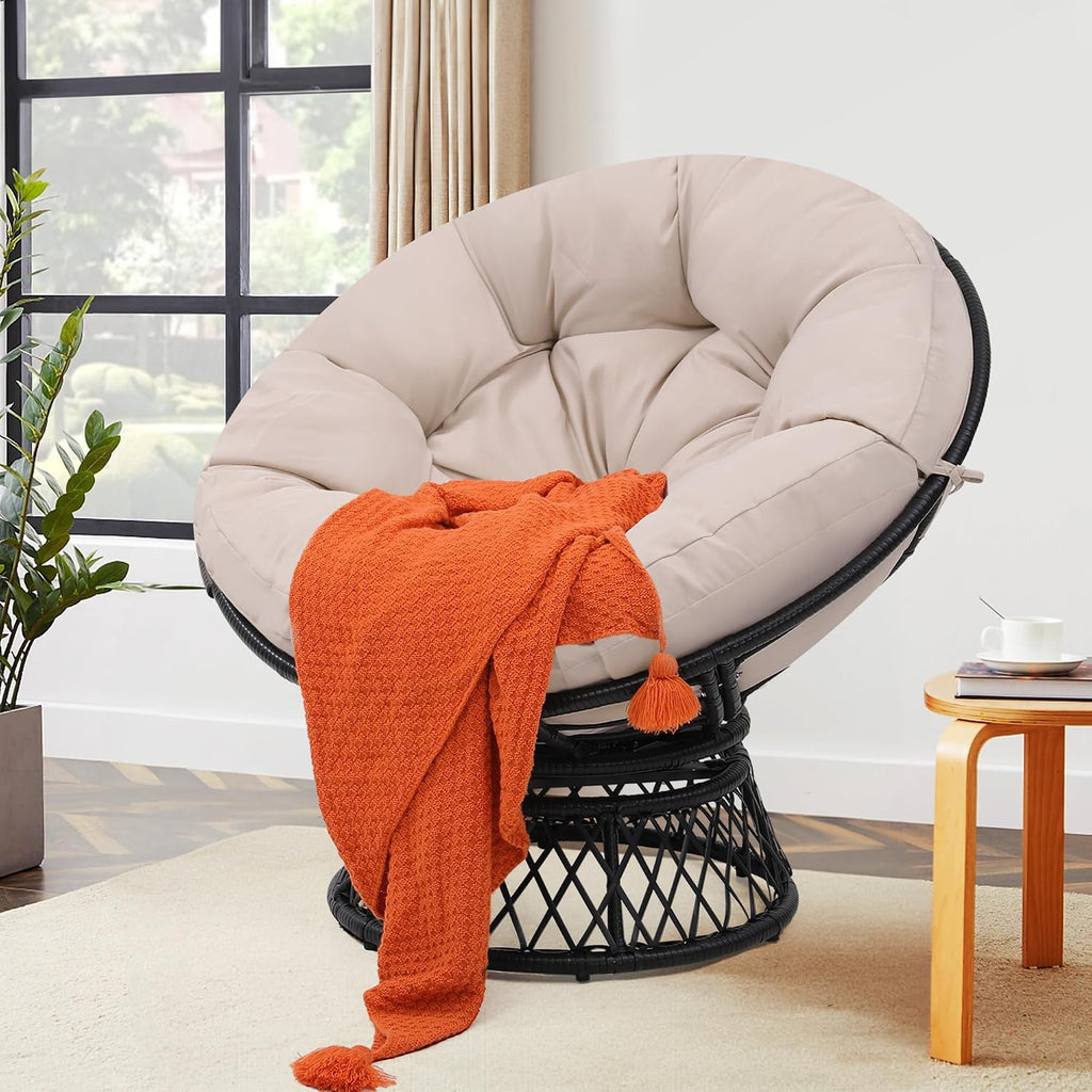 KROFEM 46' Giant Oversized Ergonomic Rattan Papasan Chair with Soft Thick Cushion for Adults, Fluid 360° Swivel, Waterproof, Black Frame with Beige Cushion