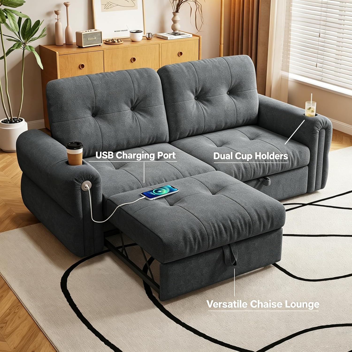 Convertible Couches, Queen Size Pull Out Sofa Bed with USB Charging Port and Cup Holders, Plannelette Fabric Convertible Sofa Bed for Small Space, Living Room, Apartment, Guest Room, Dark Grey