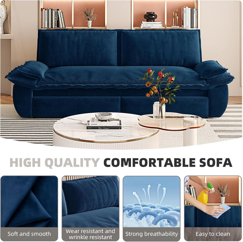 3 in 1 Convertible Queen Sleeper Sofa Bed Comfy Pull Out Futon Couch Bed 73.2' Modern Velvet Recliner Loveseat Sofa Multi-Functional Blue Cloud Couch for Living Room,Apartment,Office (Blue 73.2')