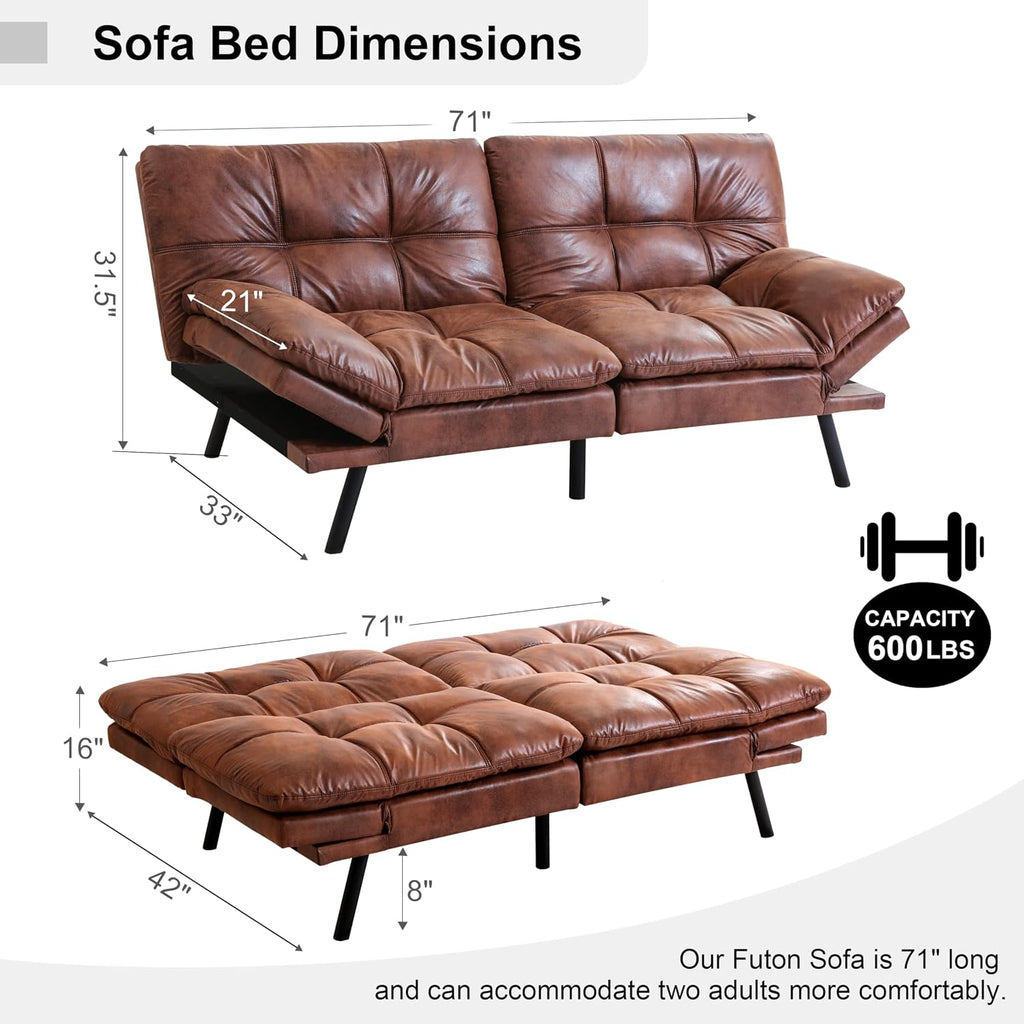 MUUEGM 71' Futon Sofa Bed, Memory Foam Convertible Faux Leather Futon Couch Bed with Adjustable Backrest & Armrest, Modern Loveseat Sleeper for Living Room and Small Apartments, Vintage Brown