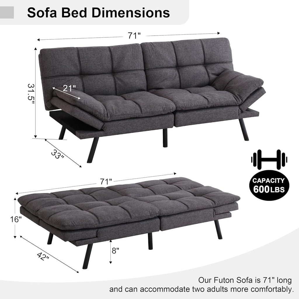 MUUEGM Futon Sofa Bed, 71' Comfortable Memory Foam Futon Sofa with Adjustable Backrest & Armrests, Convertible Loveseat Recliner Sleeper Sofa Bed for Compact Living Room, Apartment, Office, Grey