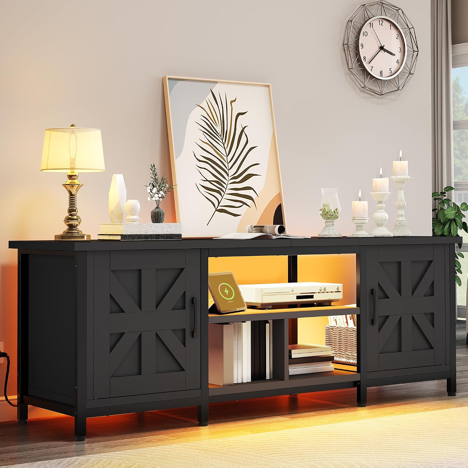 YITAHOME TV Stand with LED Lights & Charging Station, Farmhouse Entertainment Center with Storage Cabinets & Shelves, Cross-Pattern Doors, Fits TVs up to 70'', TV Consoles for Living Room, Black