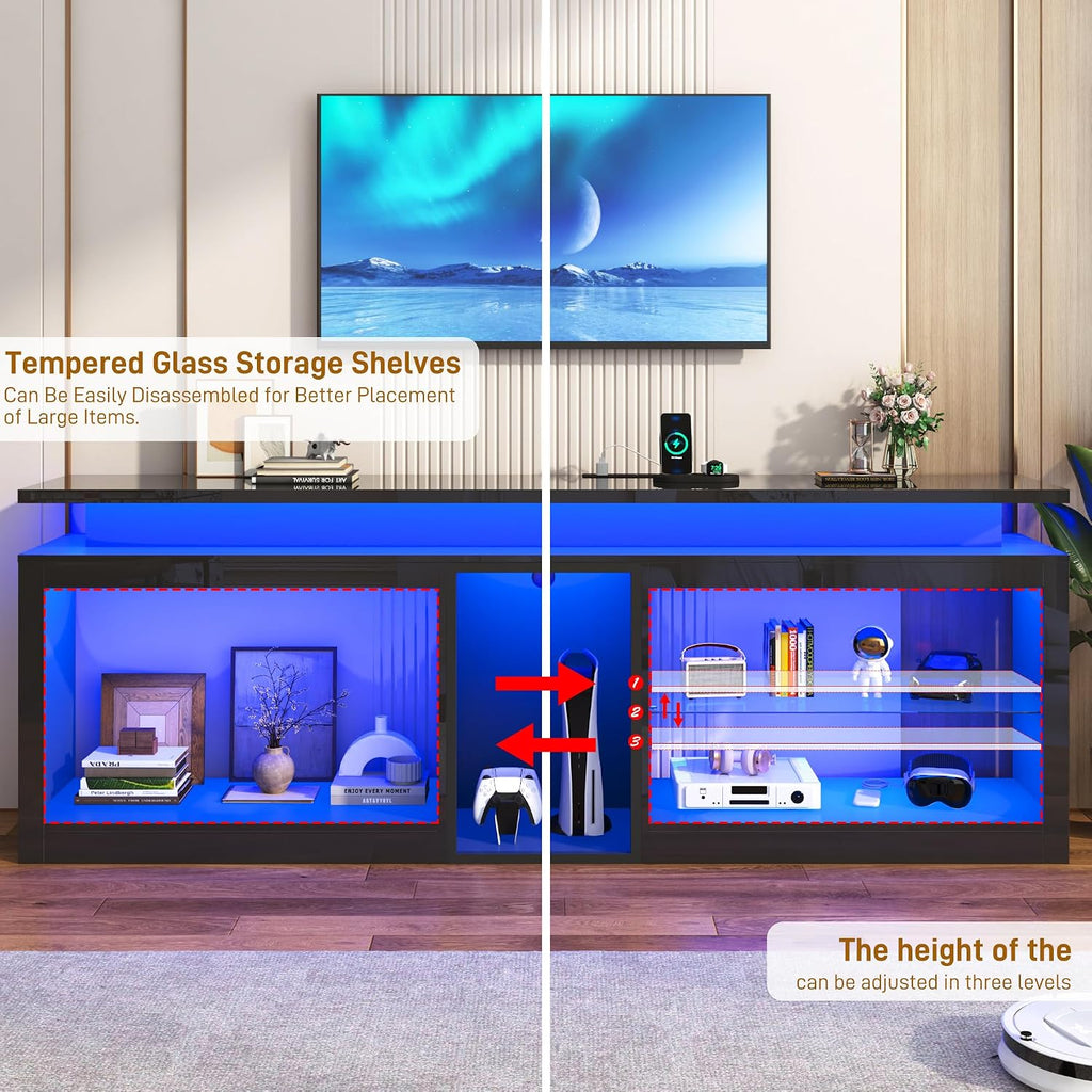 80' LED TV Stand with Power Outlet,60-Colors LED Lights For 80 85 90in TV,High Gloss Gaming Entertainment Center w/Adjustable Shelves,Black TV Console with Modern Design for Living Room Bedroom