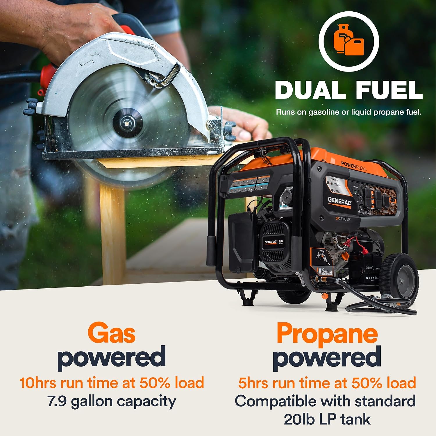 Generac 9,400 Starting Watt Dual Fuel Portable Generator - Electric Start - Gas or Propane Powered - Home Backup or Jobsite - Quiet, Long Runtime, Emergency Power - 49-State Compliant