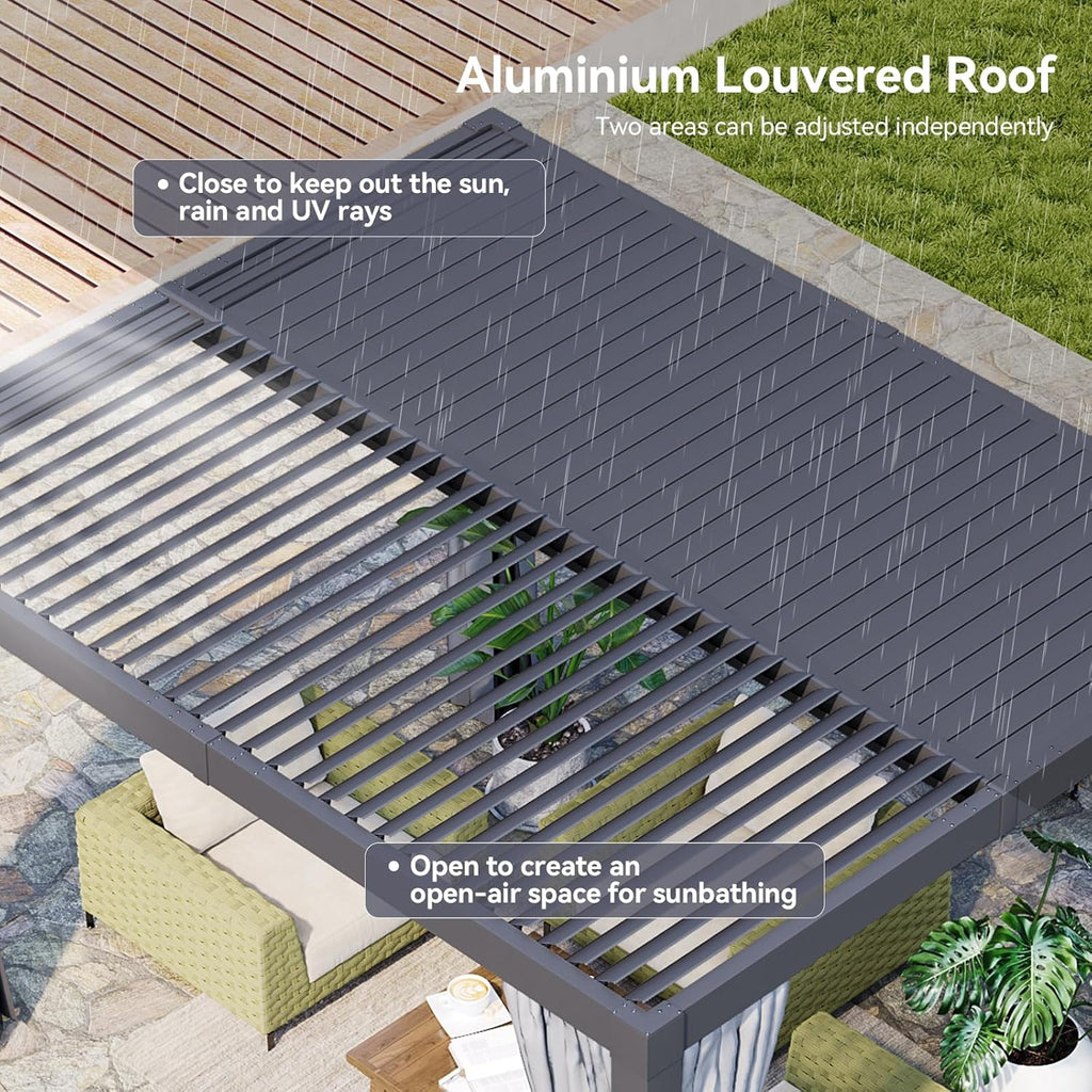 Aoxun Louvered Pergola 12' x 14' Outdoor Aluminum Pergola with Adjustable Top for Decks, Gardens and Backyards, Gray