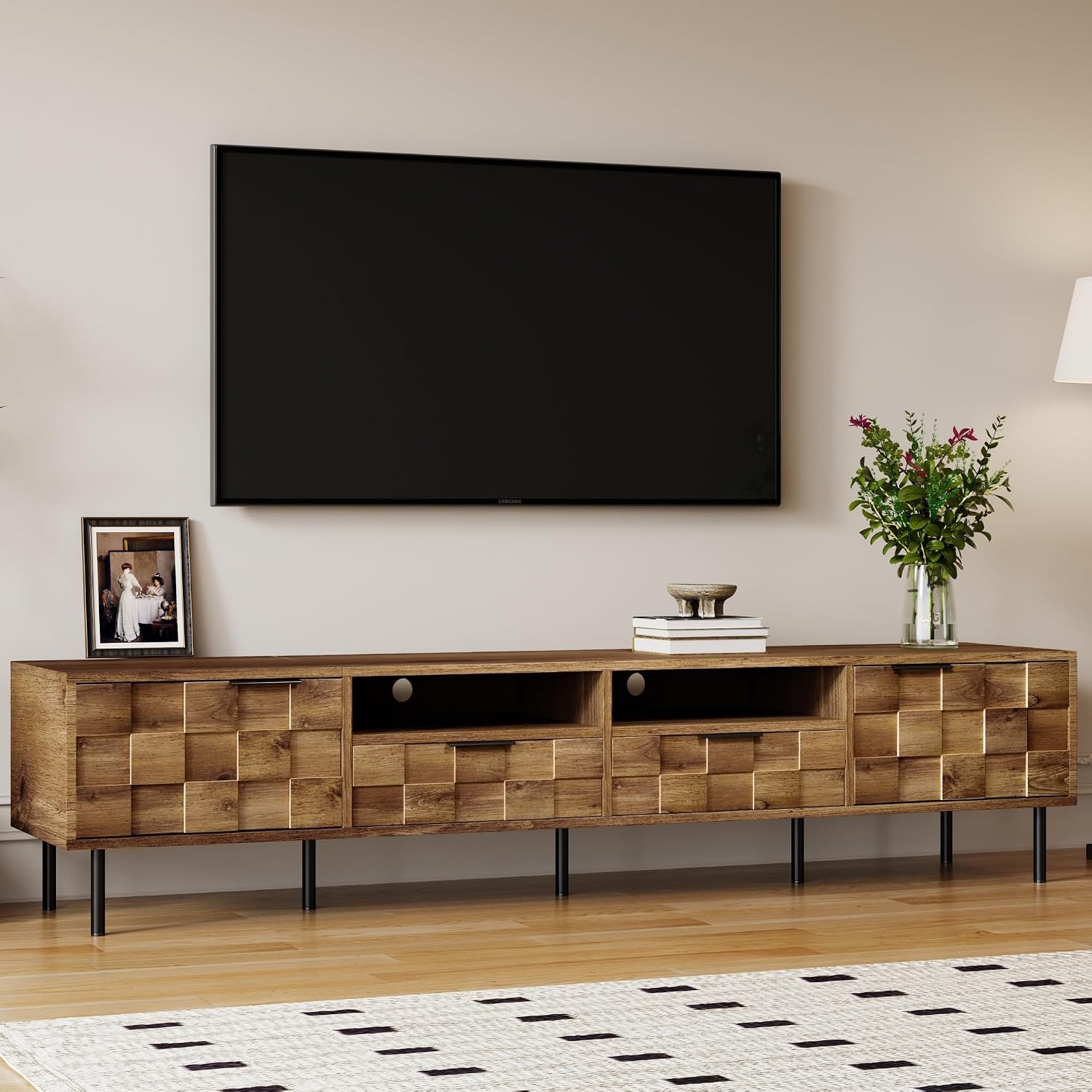 Merax 80' TV Stand for TVs Up to 85', Modern Entertainment Center with 2 Drawers, 2 Doors, and Open Space, Media Console with Unique Mosaic Front Design for Living Room