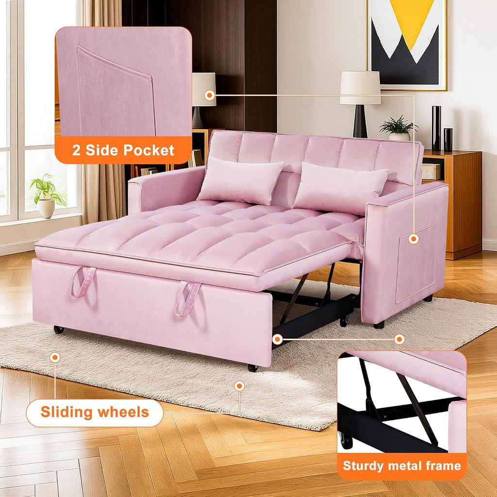 54' Sleeper Sofa Bed, Velvet Futon Sofa Bed with Adjustable Backrest, 3-in-1 Convertible Pull-Out Sleeper Sofa Couch with Armrest and Side Pockets for Small Spaces, Living Room (Pink)