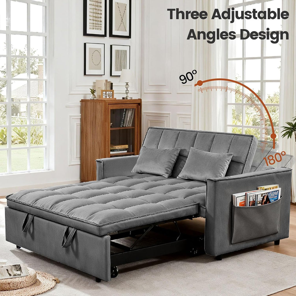 Pull Out Couch, Loveseat Sleeper Sofa Bed with Side Pockets, 3 in 1 Velvet Fabric Convertible Sofa Bed with Adjustable Backrest for Living Room, Bedroom, Apartment, Gray