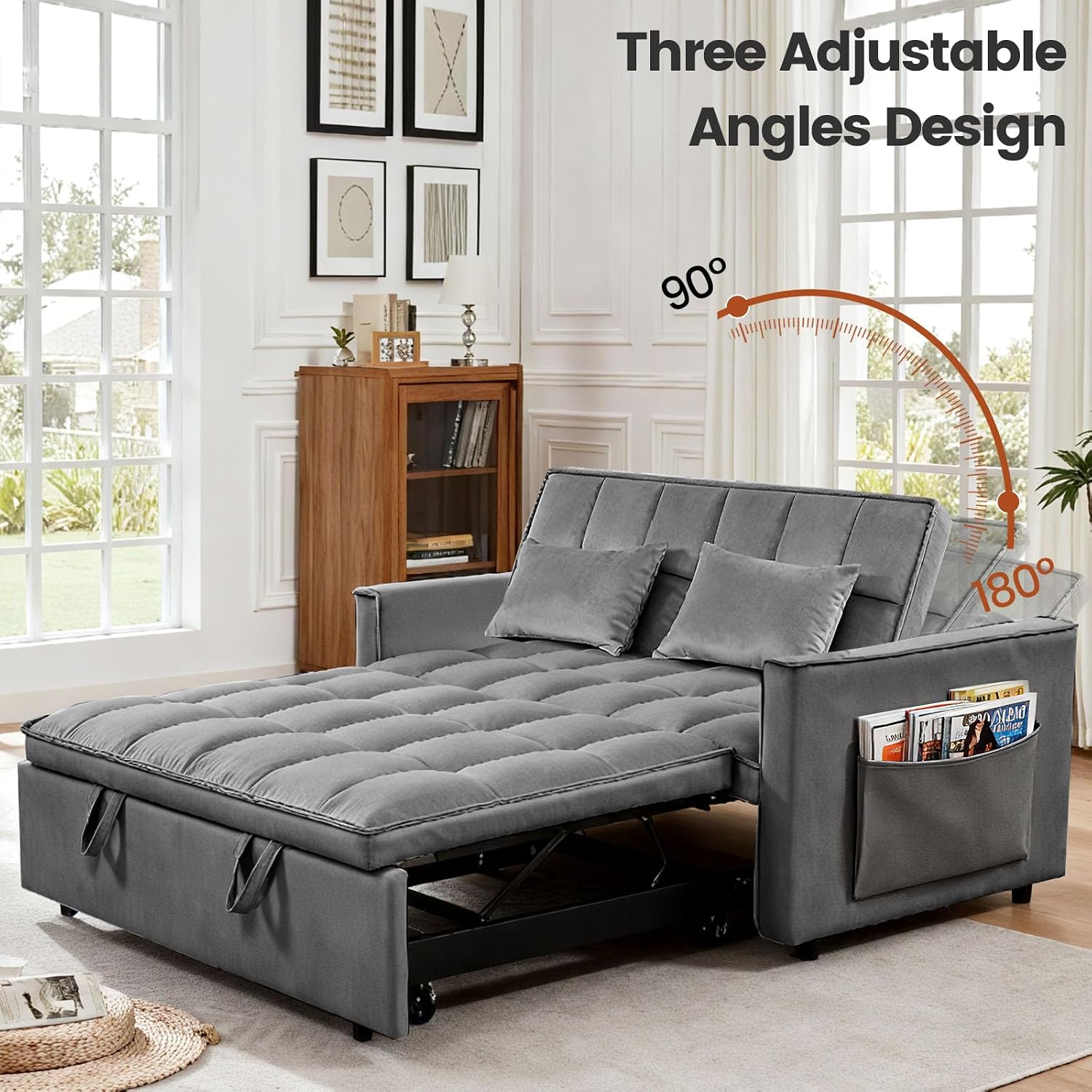 Pull Out Couch, Loveseat Sleeper Sofa Bed with Side Pockets, 3 in 1 Velvet Fabric Convertible Sofa Bed with Adjustable Backrest for Living Room, Bedroom, Apartment, Gray