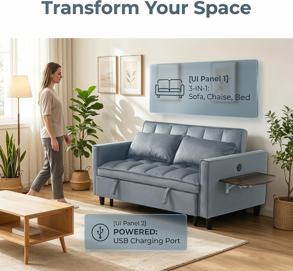 4 in 1 Convertible Sofa Bed, Pull Out Couch with Adjustable Backrest, Loveseat Sleeper Sofa Bed with USB Ports and Side Table, Couch Beds for Living Room, Bedroom, Apartment, Gray
