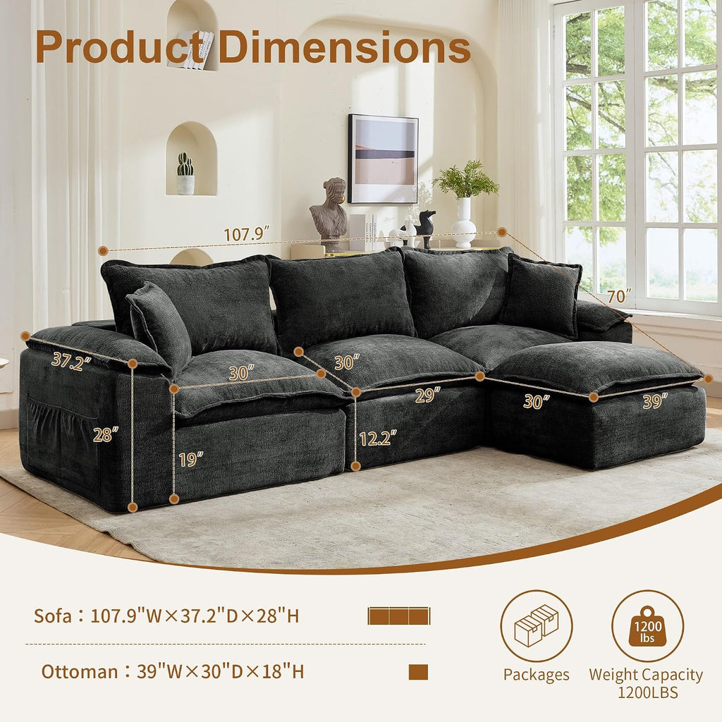 Korser 108' Sectional Couches for Living Room, Modular Boneless Couch with Deep Seat & Fluffy Cushion, Cozy Double-Layer Cushioned Sofa with Convertible Ottoman, Comfy Cloud Sofa, No Assembly Required