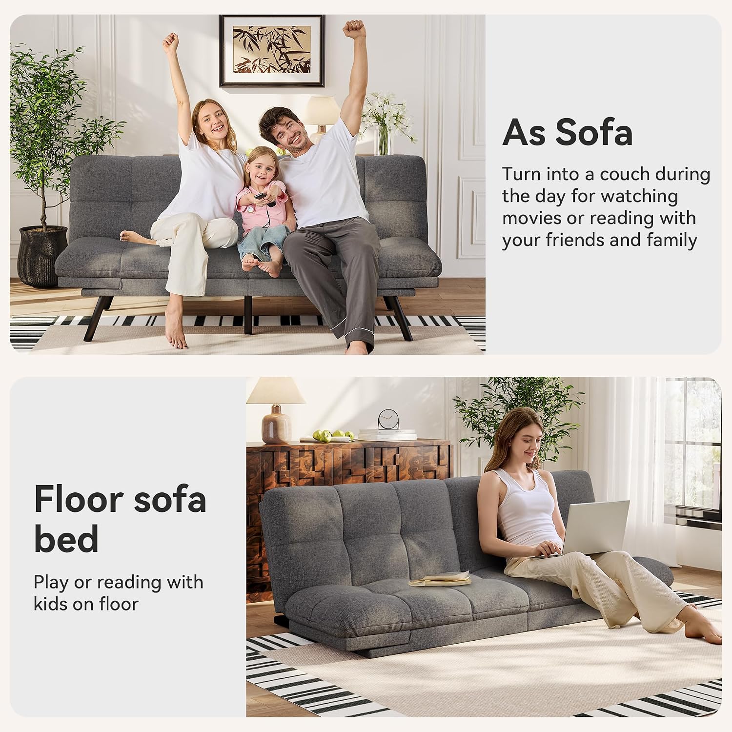 Vipbear 71' Convertible Futon Sofa Bed,Linen Fabric Futon Couch with Detachable Cushion,Adjustable Backrest & Armrest,Modern Loveseat Sleeper Recliner for Living Room,Office,Apartment,Grey