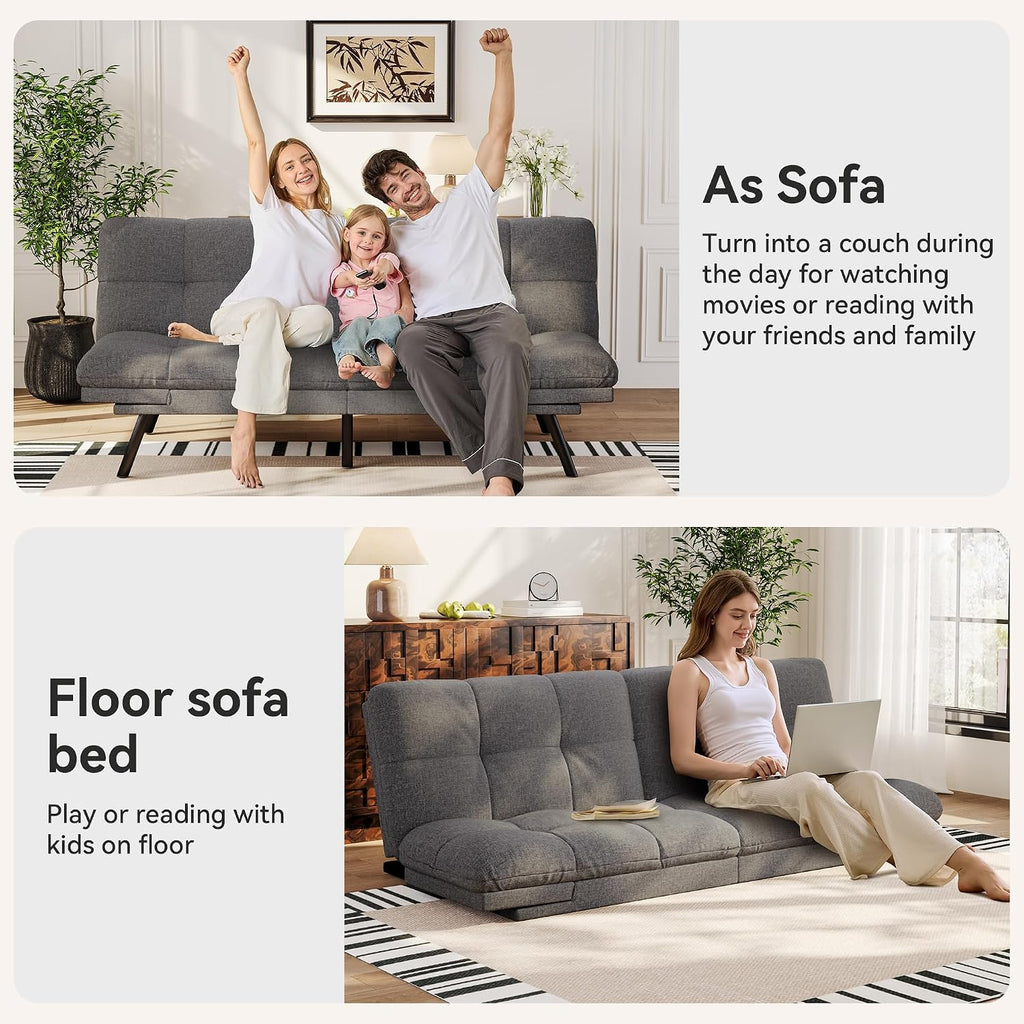 Vipbear Convertible Futon Sofa Bed,Grey Linen Fabric Futon Couch with Detachable Cushion,Adjustable Backrest & Armrest,Modern Loveseat Sleeper Recliner for Living Room,Office,Apartment