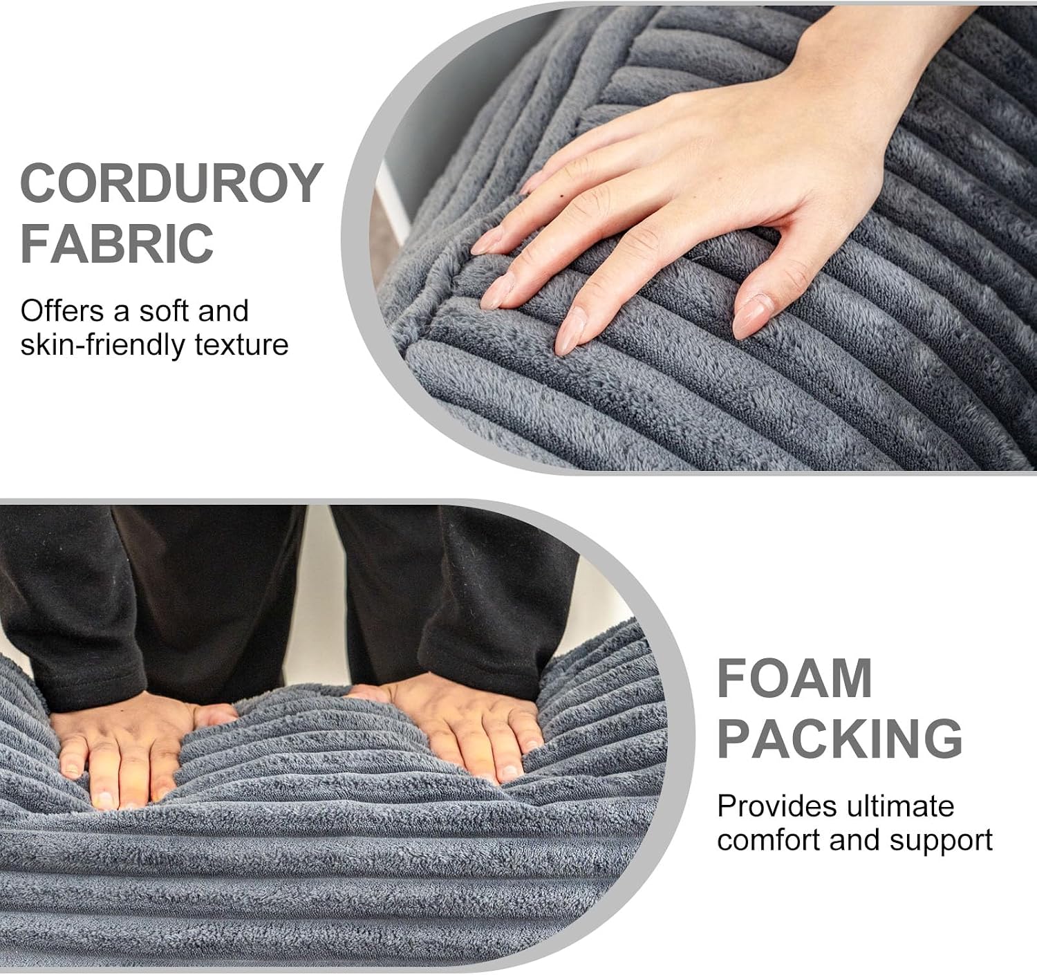 Bean Bag Chair for Adults, Comfy Corduroy Beanbag with Armrests, Lazy Sofa Floor Chair for Living Room, Bedroom, Dorm & Lounge, Cozy Fluffy Single Mini Couch (Gray)