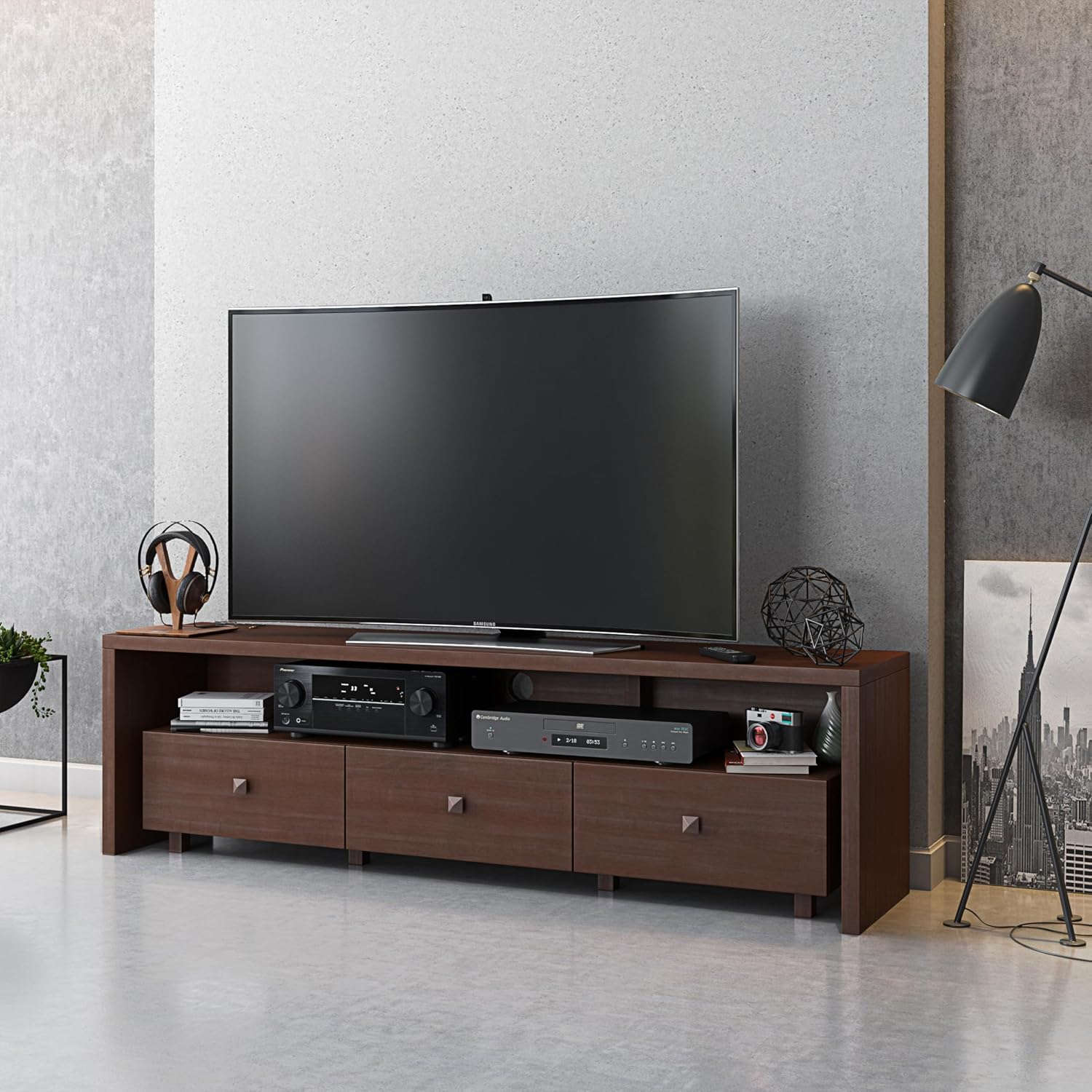 Elegant 80' TV Stand with Three Cabinets and Storage, Modern Entertainment Center with Cable Management Fits Screens up to 80' When Measured Diagonally