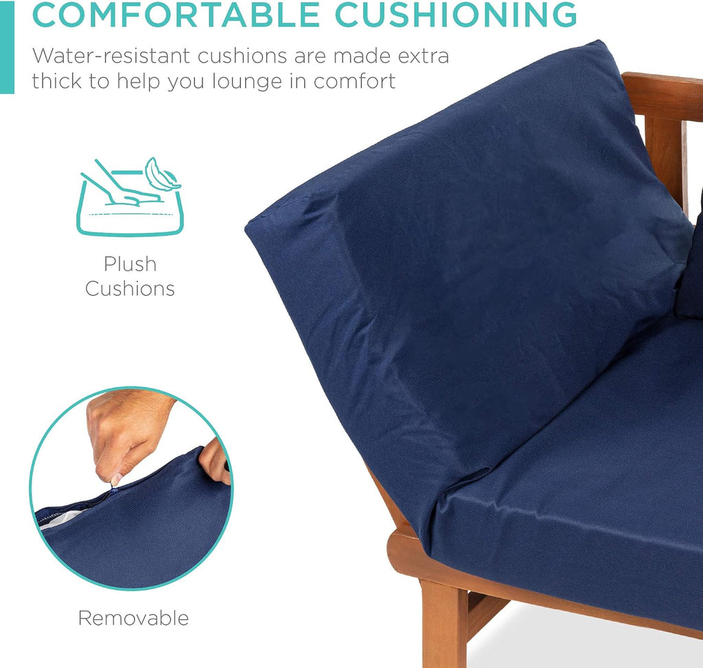 Best Choice Products Outdoor Convertible Acacia Wood Futon Sofa Furniture for Patio, Balcony, Poolside, Backyard w/Pullout Tray, Removable Weather-Resistant Cushion & 4 Pillows - Navy Blue