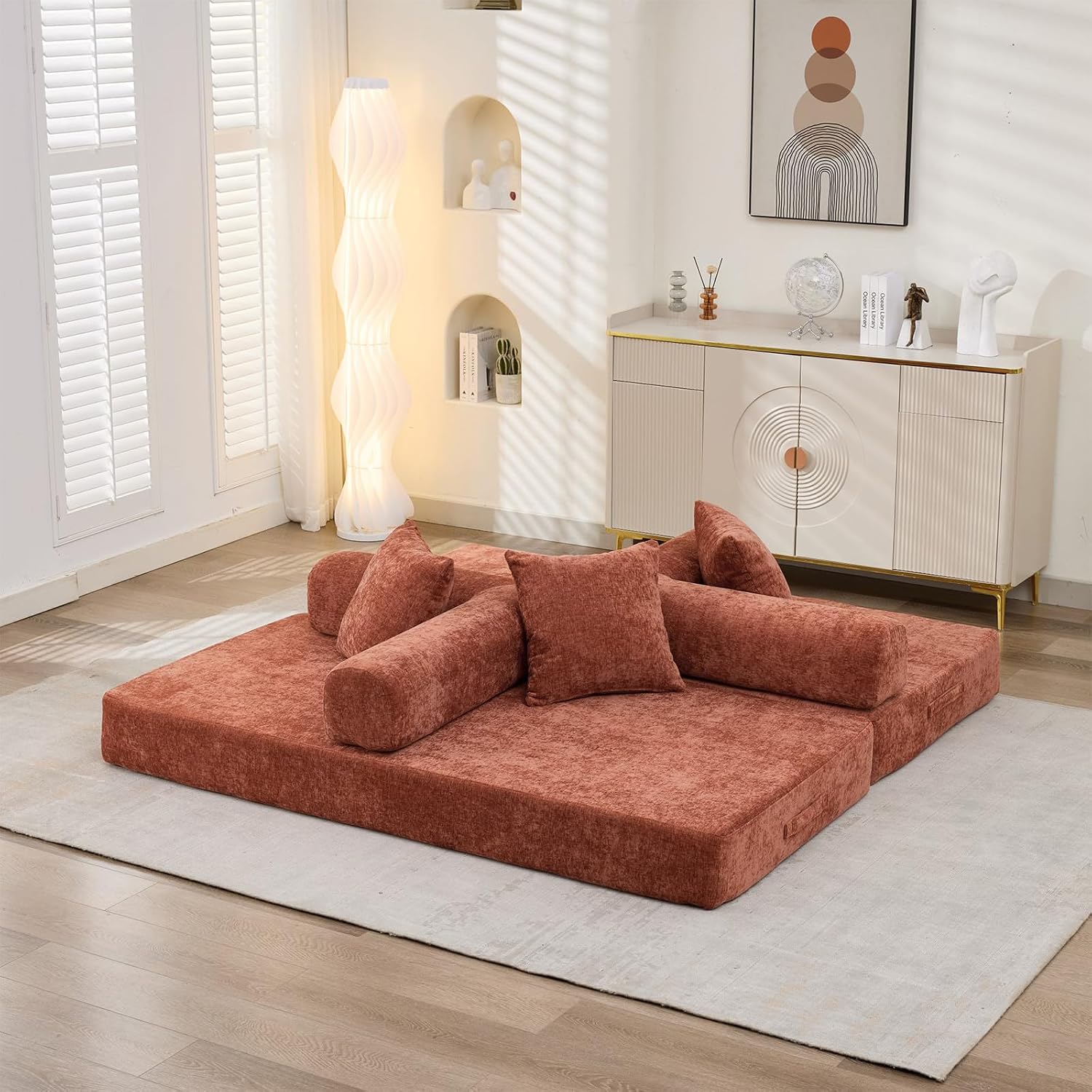 Futon Sofa Bed, Modular Convertible Folding 3 Seater Chenille Foam Floor Loveseat Sleeper Sofa Couch with 3 Pillows, No Assembly Compressed Boneless Couch, for Living Room Bedroom Guest Room, Orange