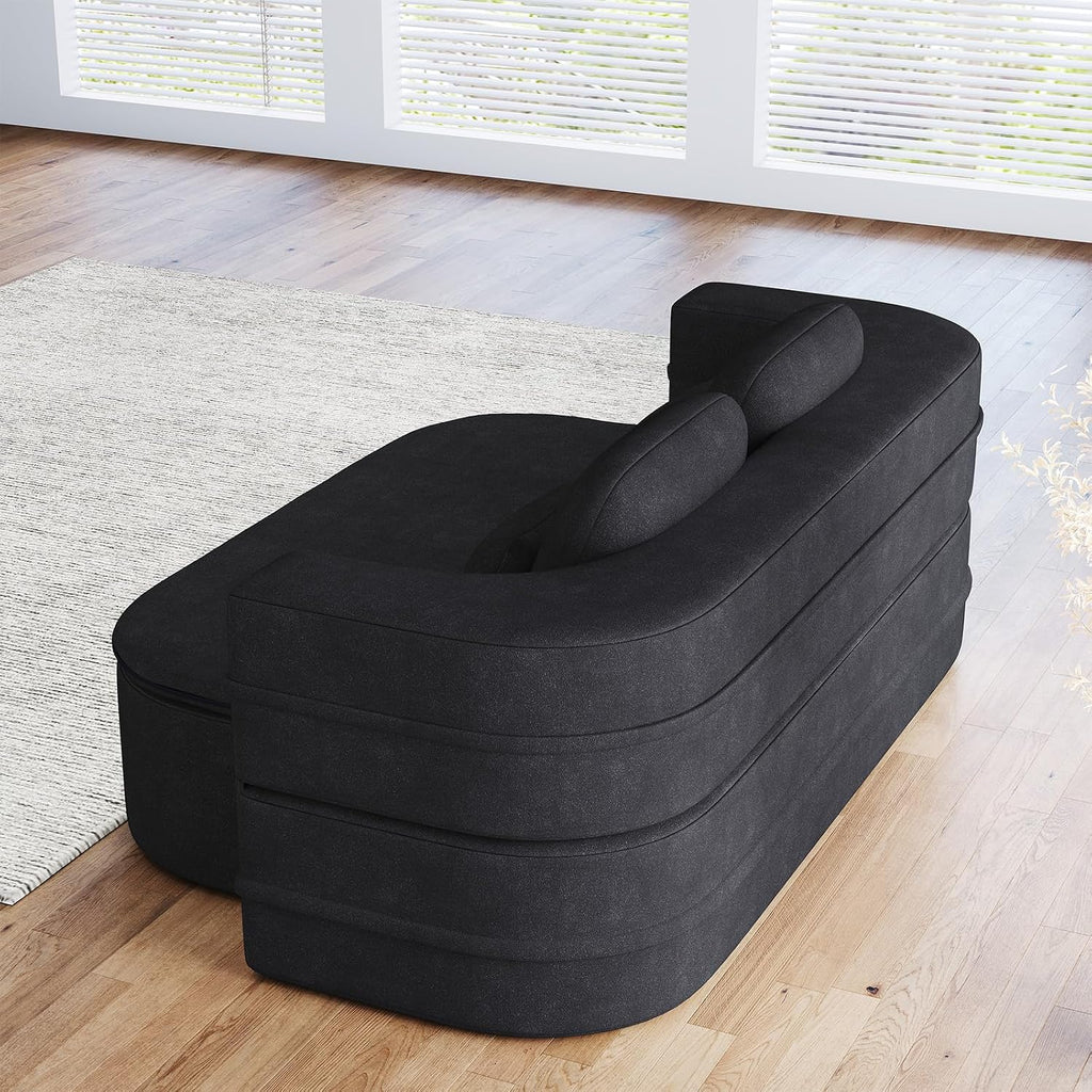 Antetek Convertible Sleeper Sofa, Modern Folding Futon Chenille Floor Foam Compression Loveseat Sofa Bed Couch, Foldable Full Size Guest Bed with 4 Pillows for Living Room Bedroom Apartment, Black