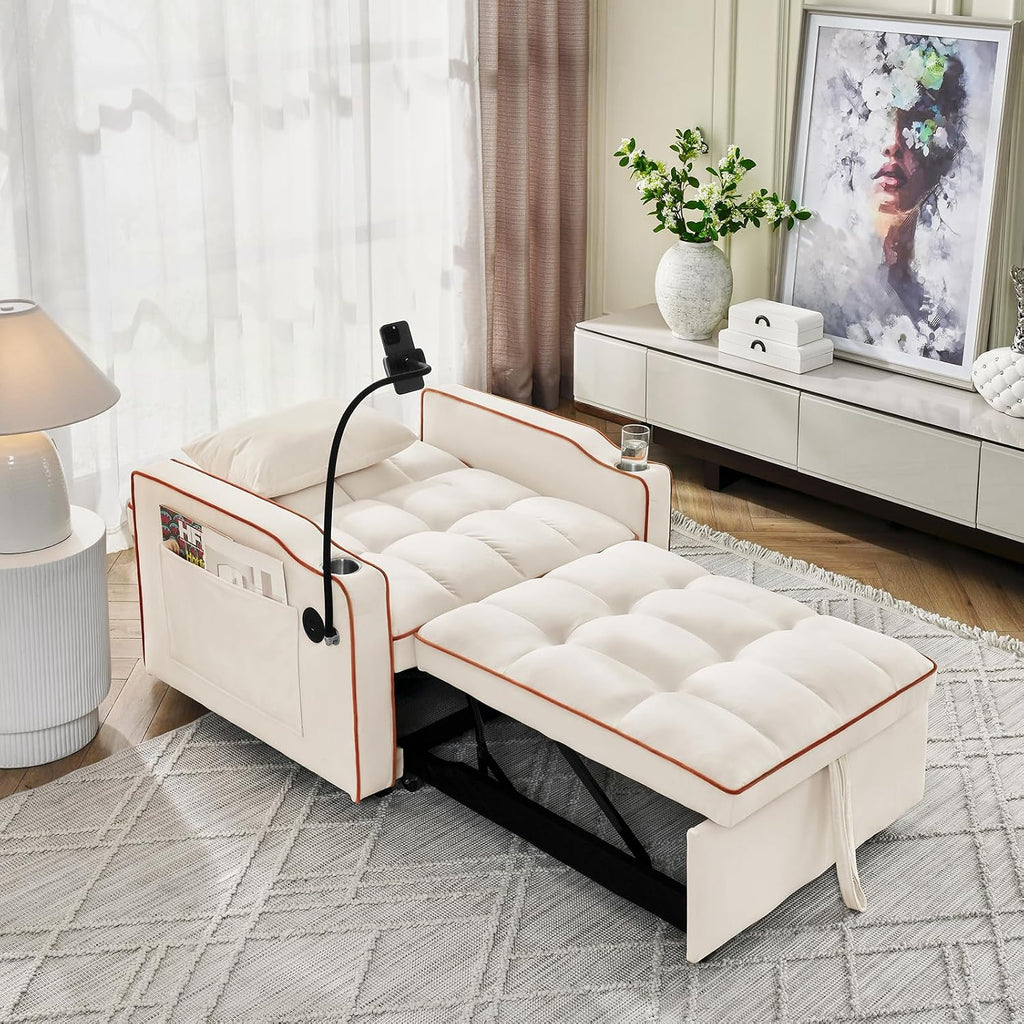 3 in 1 Convertible Sleeper Chair Bed with USB Ports, Cup Holder and Phone Stand, Velvet Pull Out Futon Sofa Beds, Adjustable Backrest Single Sofa Chair for Small Spaces, Living Room, Office (Beige)