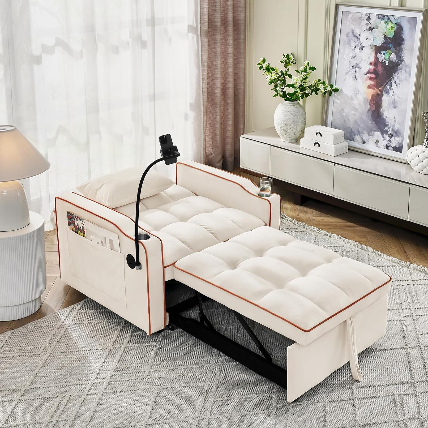 3 in 1 Convertible Sleeper Chair Bed with USB Ports, Cup Holder and Phone Stand, Velvet Pull Out Futon Sofa Beds, Adjustable Backrest Single Sofa Chair for Small Spaces, Living Room, Office (Beige)