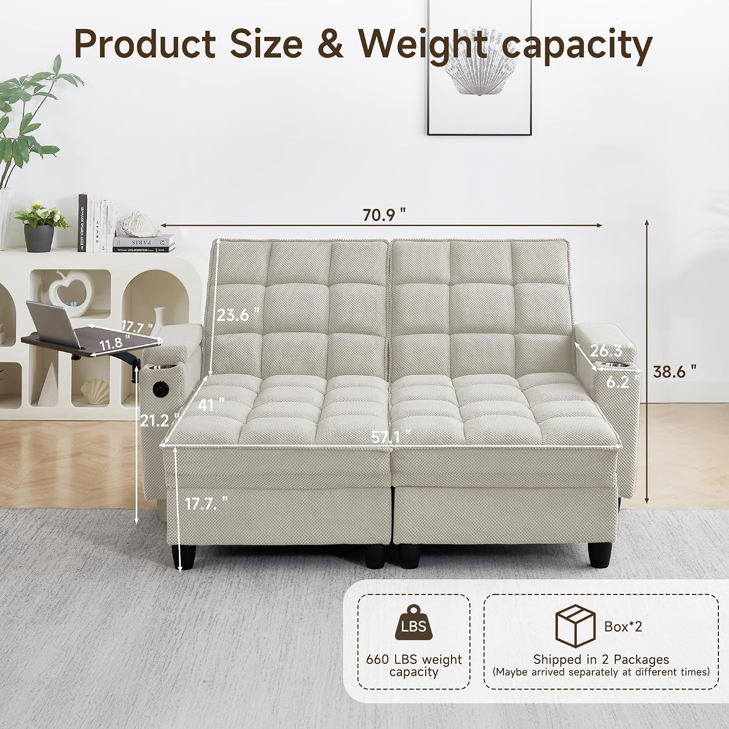 70.9' Chaise Lounge Chair Indoor, Oversized Boucle Upholstered Sofa Bed, Adjustable Backrest Deep Seat Reading Chair, Sofas Couches for Living Room with Storage, Cup Holders and 360° Swivel Side Table