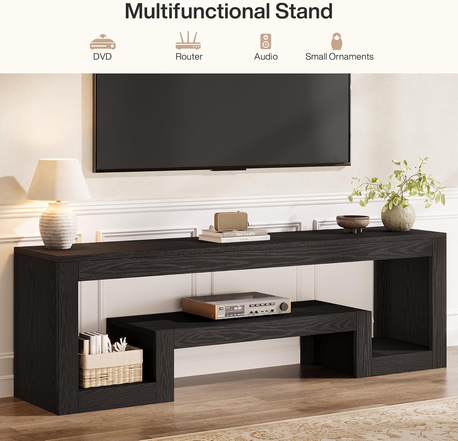 Tribesigns 63' TV Stand for 55/60/65/75-Inch TVs, Farmhouse Entertainment Center with Open Storage Shelves, Television Stands TV Console for Living Room, Bedroom, Black